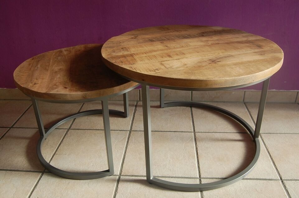 Couchtisch 2er Set Couchtisch Mangoholz rund Metall Mango Satztische Silber grau