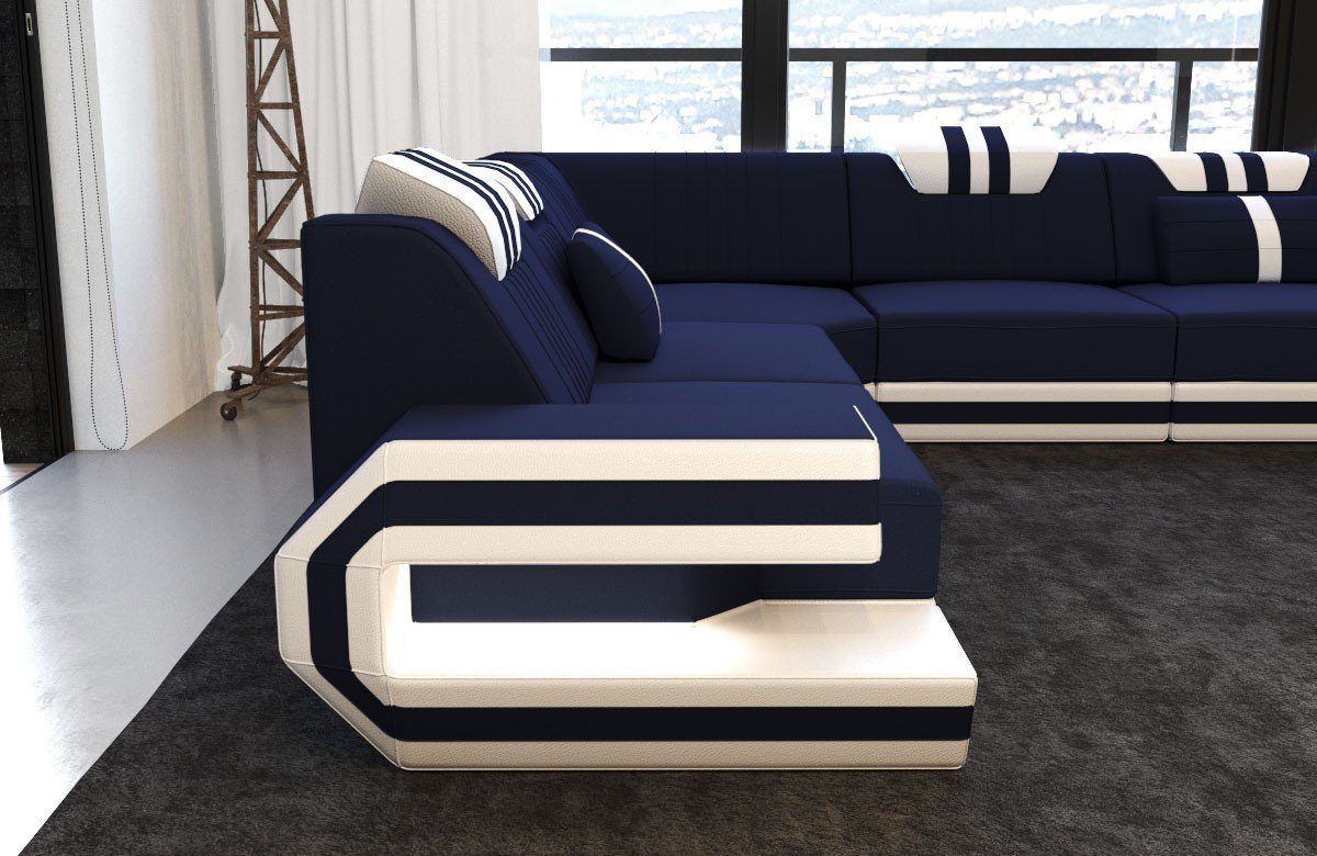 U Hocker Design Polster Sofa wahlweise M Couch Stoffsofa, Stoff Mikrofaser Form Wohnlandschaft mit Ragusa Sofa Dreams dunkelblau-weiß