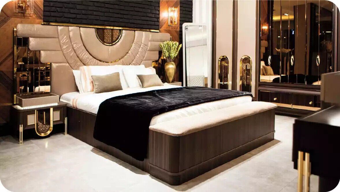 JVmoebel Schlafzimmer-Set Luxuriöse Doppelbett Beige Stoff Bett Set 4tlg Schlafzimmer Garnitur, (4-St., Bett/Bank/2x Nachttische), Made in Europa