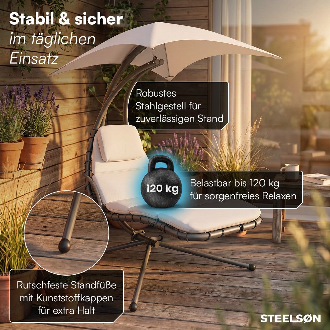 STEELSØN Hängesessel Nyria Schwebeliege mit Sonnendach (beige, mit Kissen), schwerelose Schaukelliege bis 120 kg, Sonnenliege wetterfest