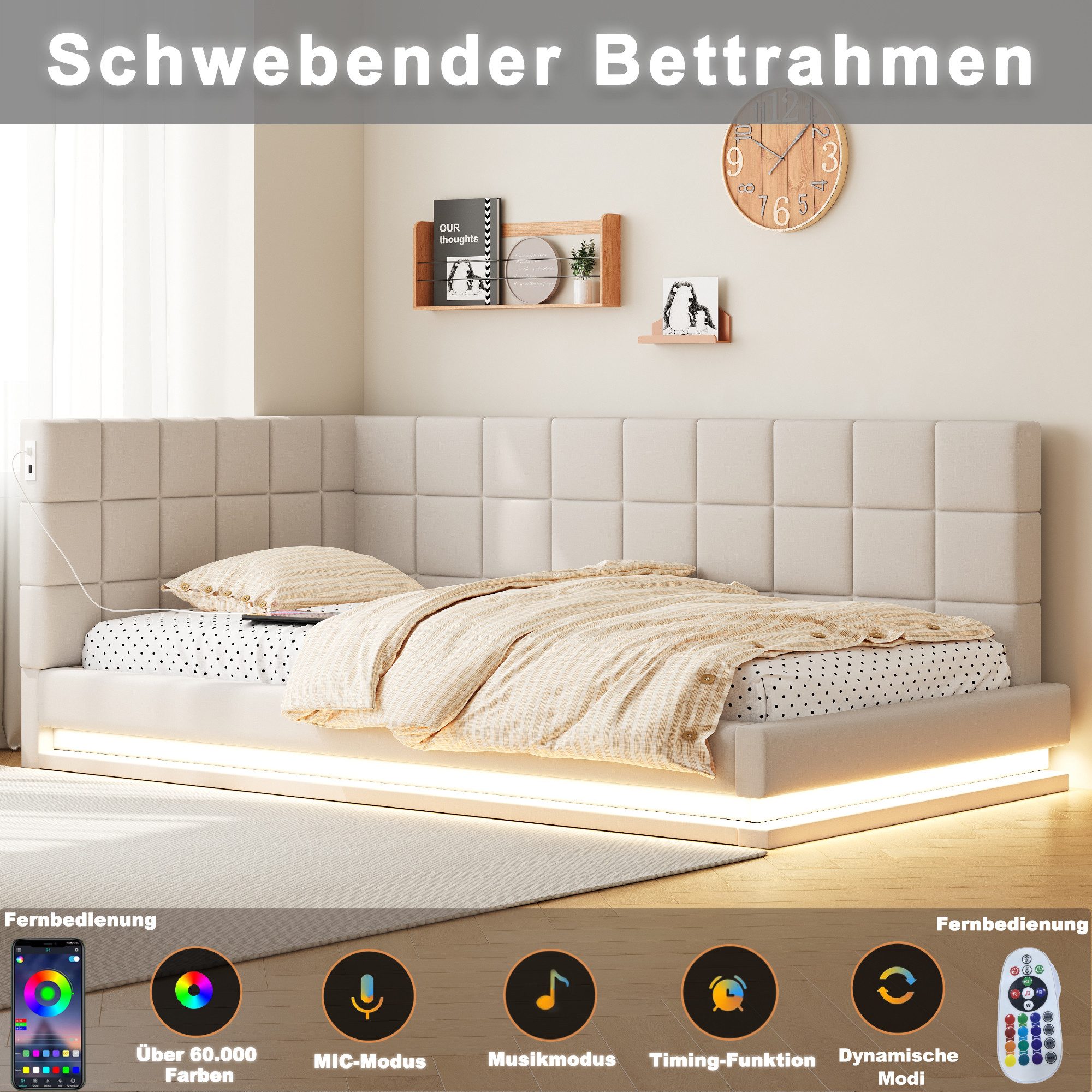 REDOM Schlafsofa Polsterbett,Funktionsbett,Jugendbett, Multifunktionales Polsterbett-Schlafsofa mit LED-Lichtleiste und USB-Anschluss. 90x200 cm, ohne Matratze
