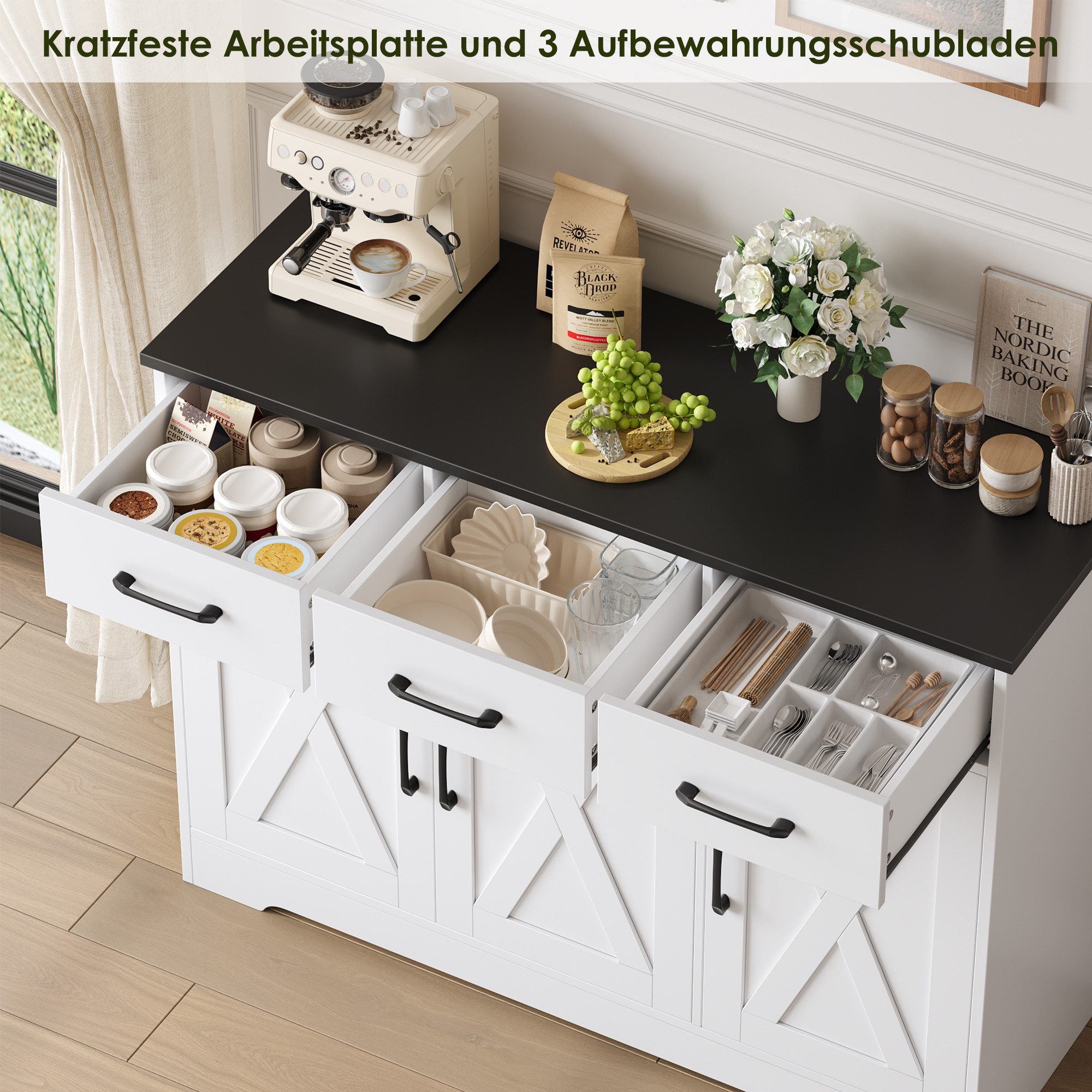 HOMECHO Sideboard, Küchenschrank mit 3 Schubladen und 3 Türen für Küche, Weiß