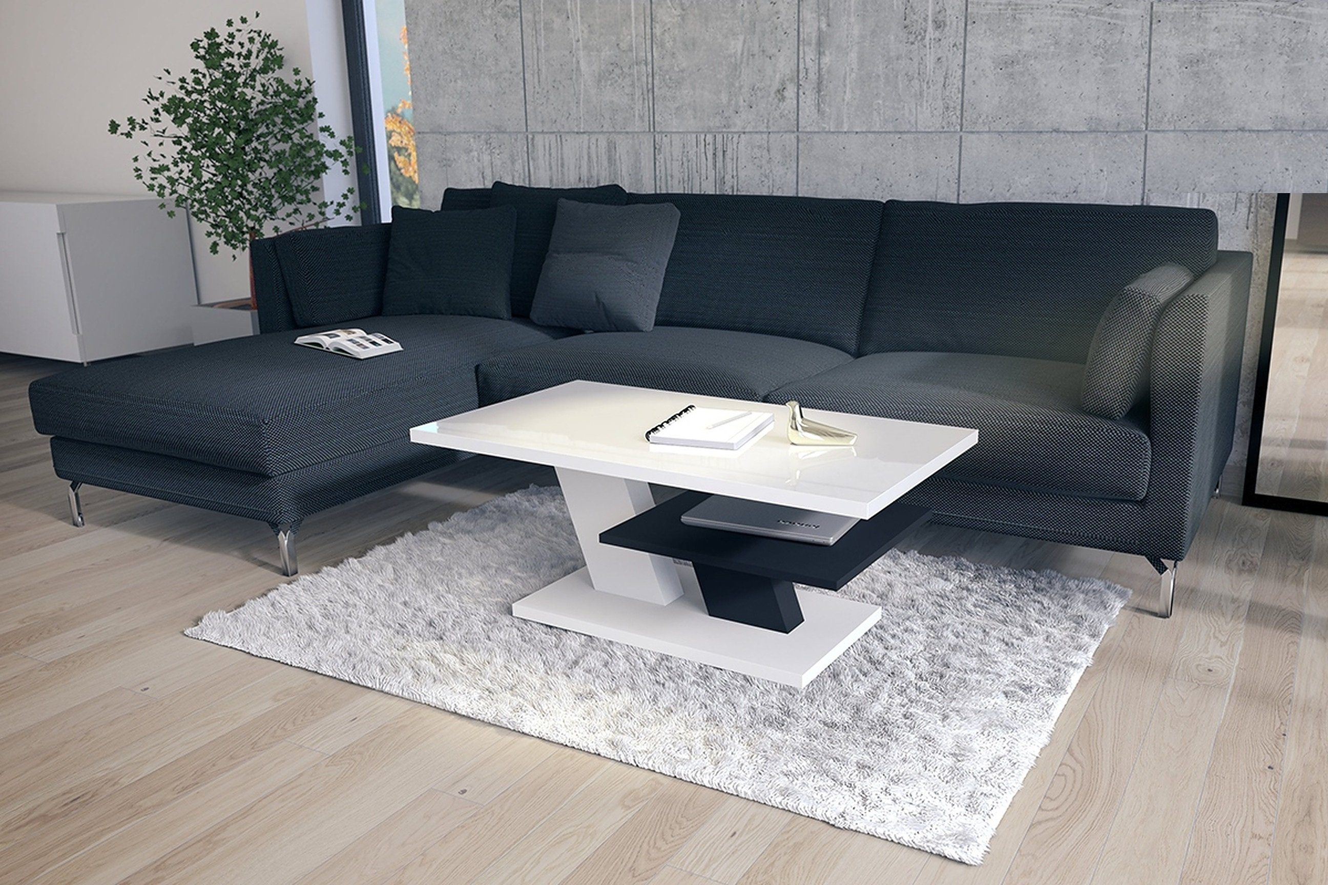 Mazzoni Couchtisch Cliff Weiß Hochglanz / Schwarz matt Wohnzimmertisch 110x60x45cm – Bild 2 von 5