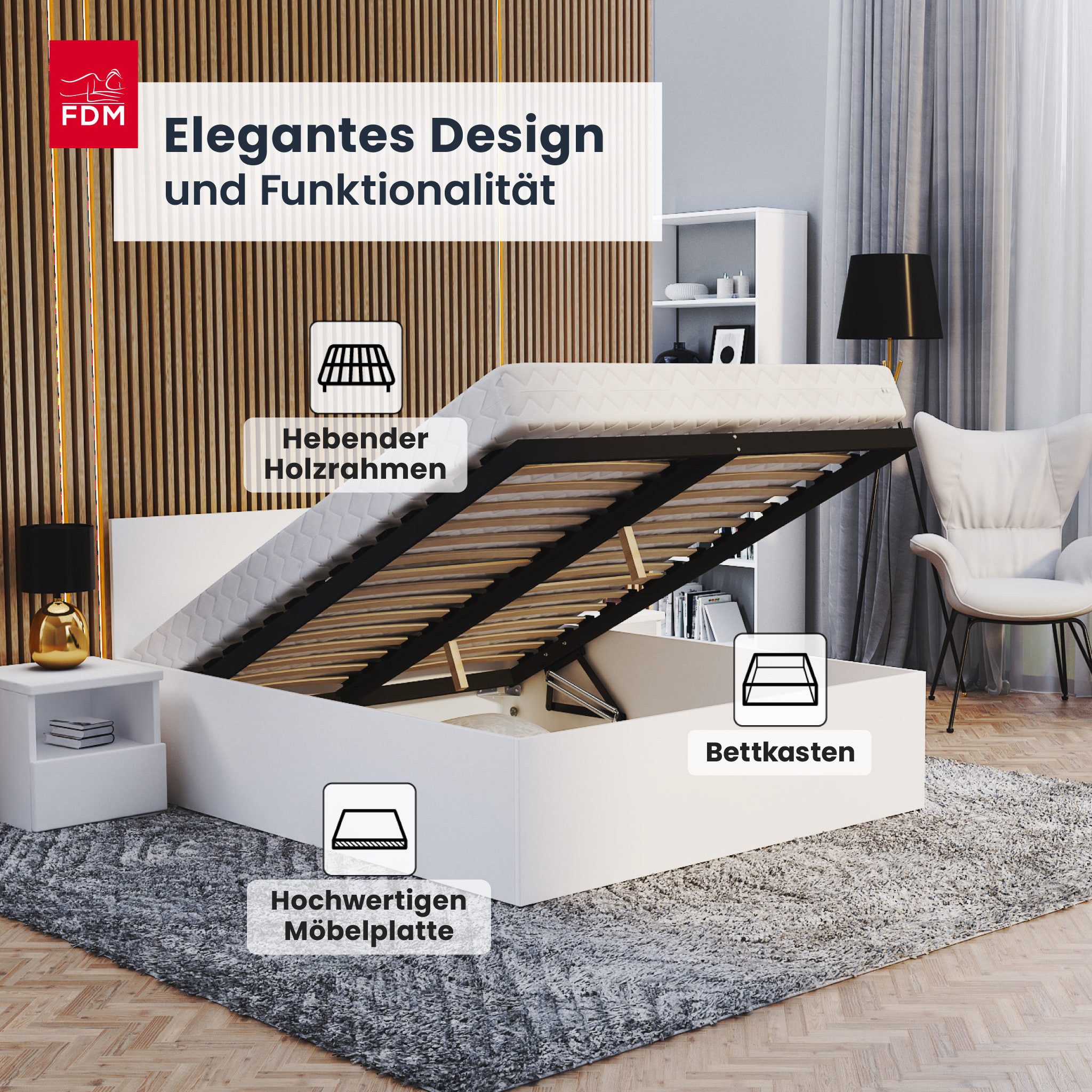FDM Stauraumbett Bett Stauraumbett PANAMA RS Bettgestell 120x200 & weitere Größen, mit/ohne Matratze