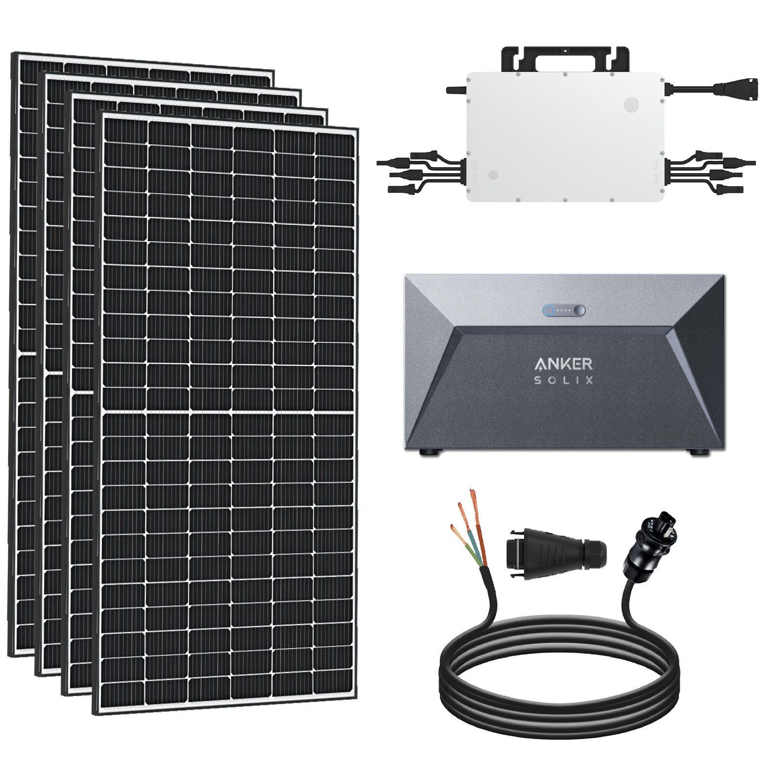 TerraLumen Solaranlage 2000W Balkonkraftwerk mit Speicher inkl. 4x500W Solarmodule, (Komplettset Hoymiles HMS-1600-4T Wechselrichter mit Anker SOLIX Solarbank E1600 Solarspeicher und 5m Wielandstecker)