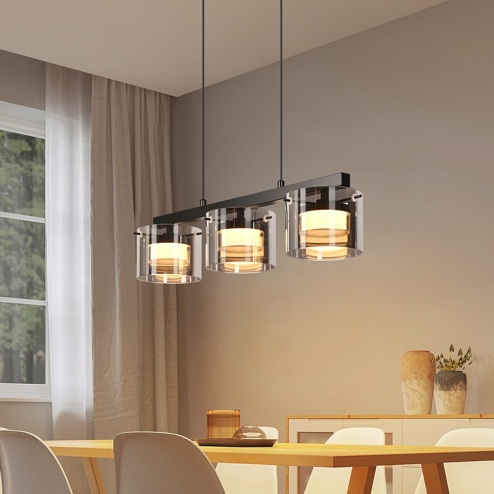 Nettlife LED Pendelleuchte 1/3/4flammig Retro Hängelampe Glas Esszimmerlampe 2700K Warmweiß, LED fest integriert, Extra-Warmweiß, für Esszimmer Wohnzimmer Küche – Bild 2 von 5
