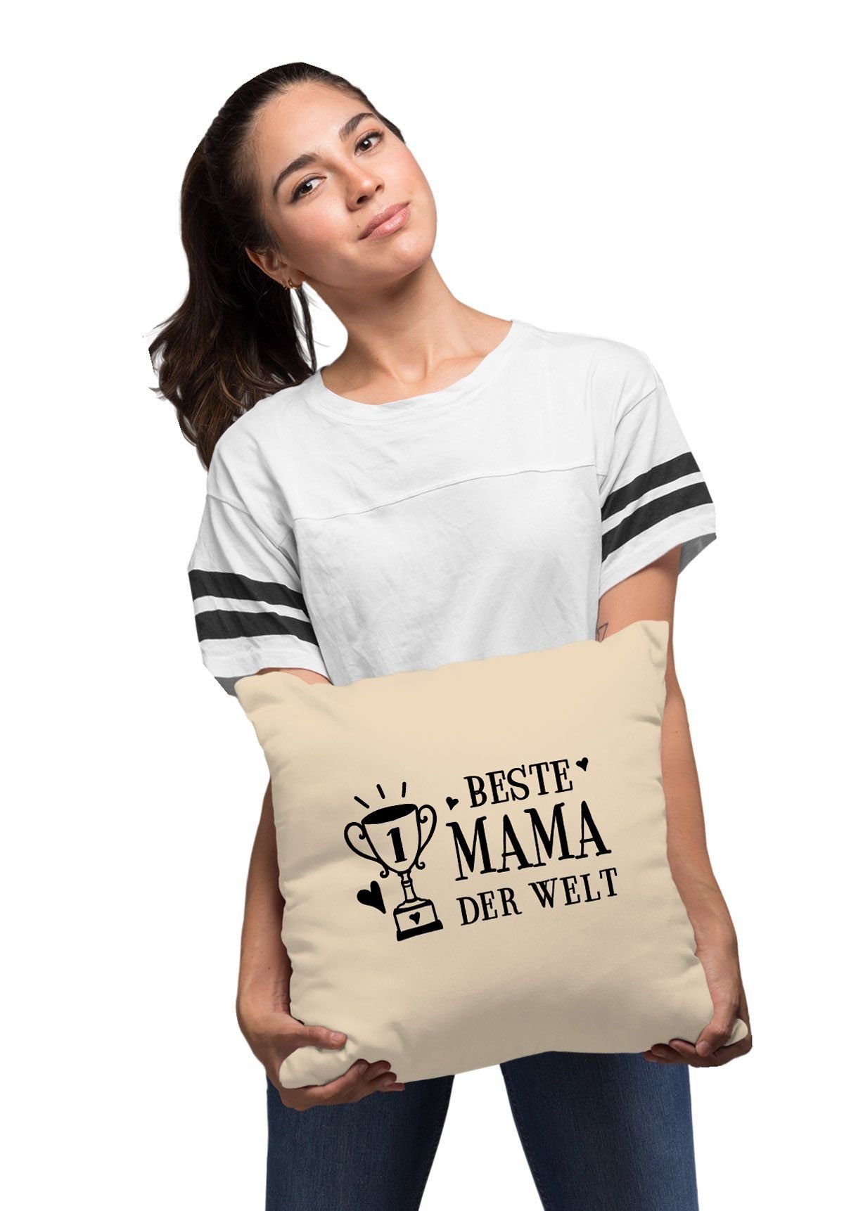 Pokal Geschenk MoonWorks natur zum Beste Kissen-Bezug Baumwolle Muttertag Dekokissen MoonWorks® Mama der Welt Deko-Kissen Kissen-Hülle
