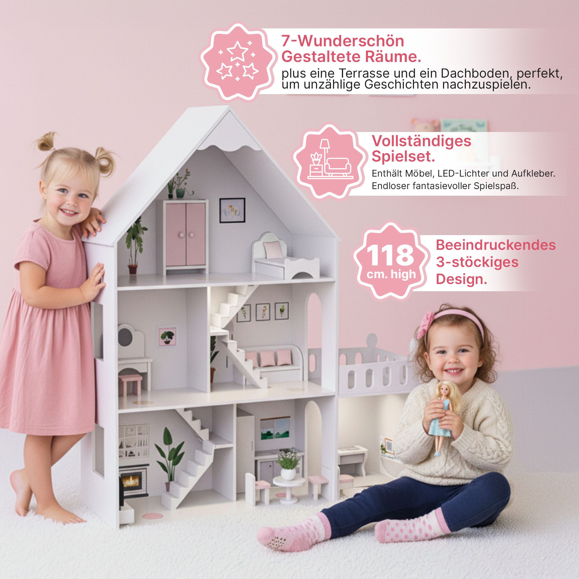 Green Series Puppenhaus Puppenhaus Holz Groß – LED Traumvilla – Kinderzimmer Deko – Zubehörset – Bild 4 von 5
