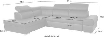 sit&more Ecksofa Broadway L-Form, mit verstellbaren Kopfteilen, wahlweise mit Bettfunktion