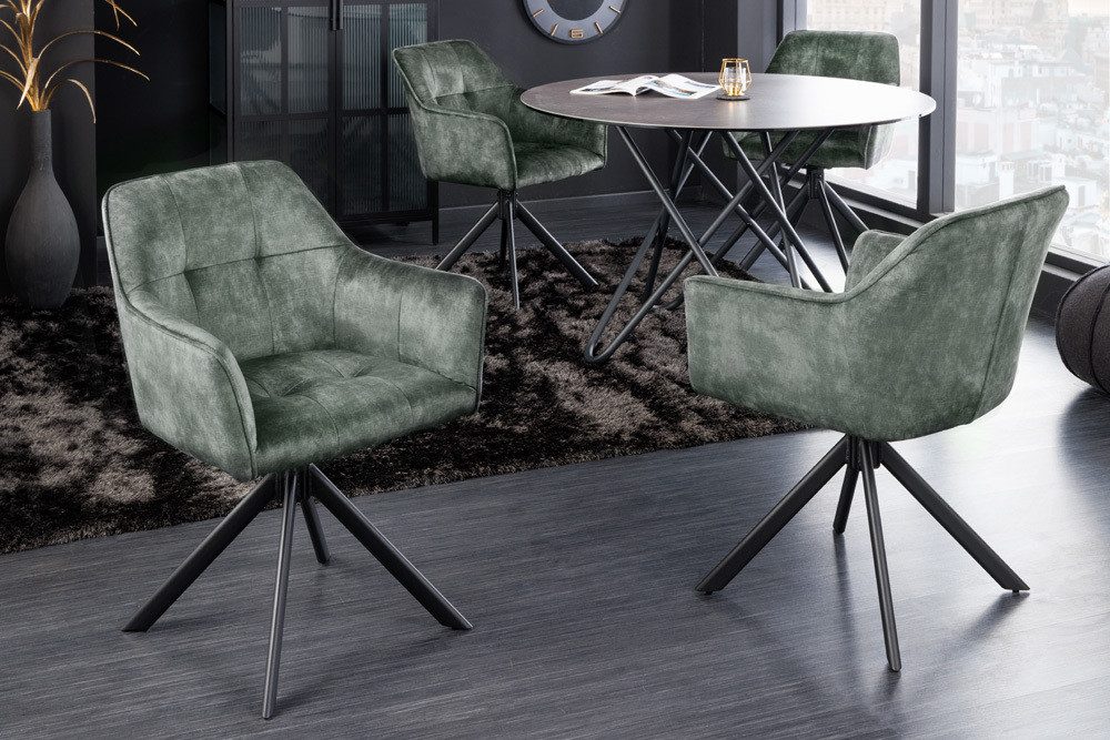 riess-ambiente Esszimmerstuhl LOFT grün/schwarz – Samt, drehbar, Metall-Füße, mit Armlehne (Einzelartikel, 1 St), mit 180° Drehfunktion und Autoreturn – ideal für Dein Esszimmer