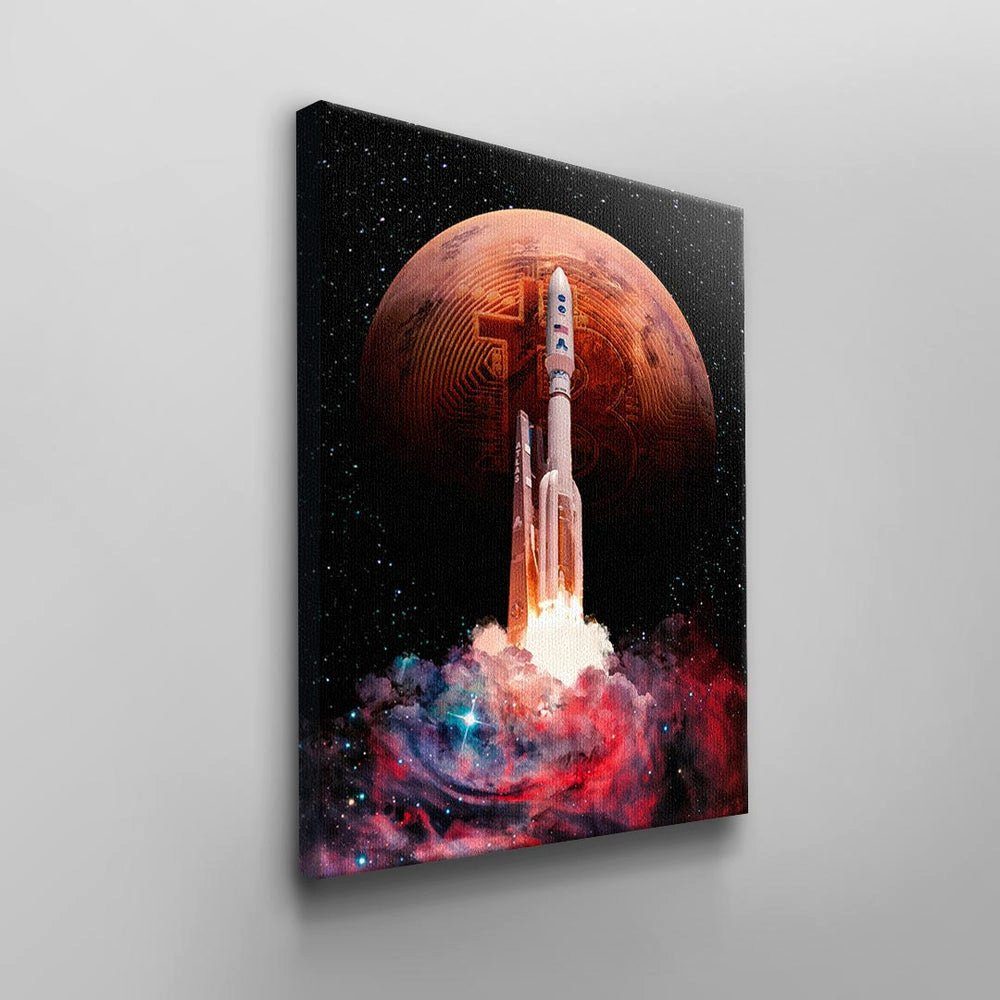 rot schwarz Leinwandbild space Wandbild rauch rocket bunt ohne DOTCOMCANVAS® orange ROCKET, BITCOIN Bitcoin-Krypto b Rahmen