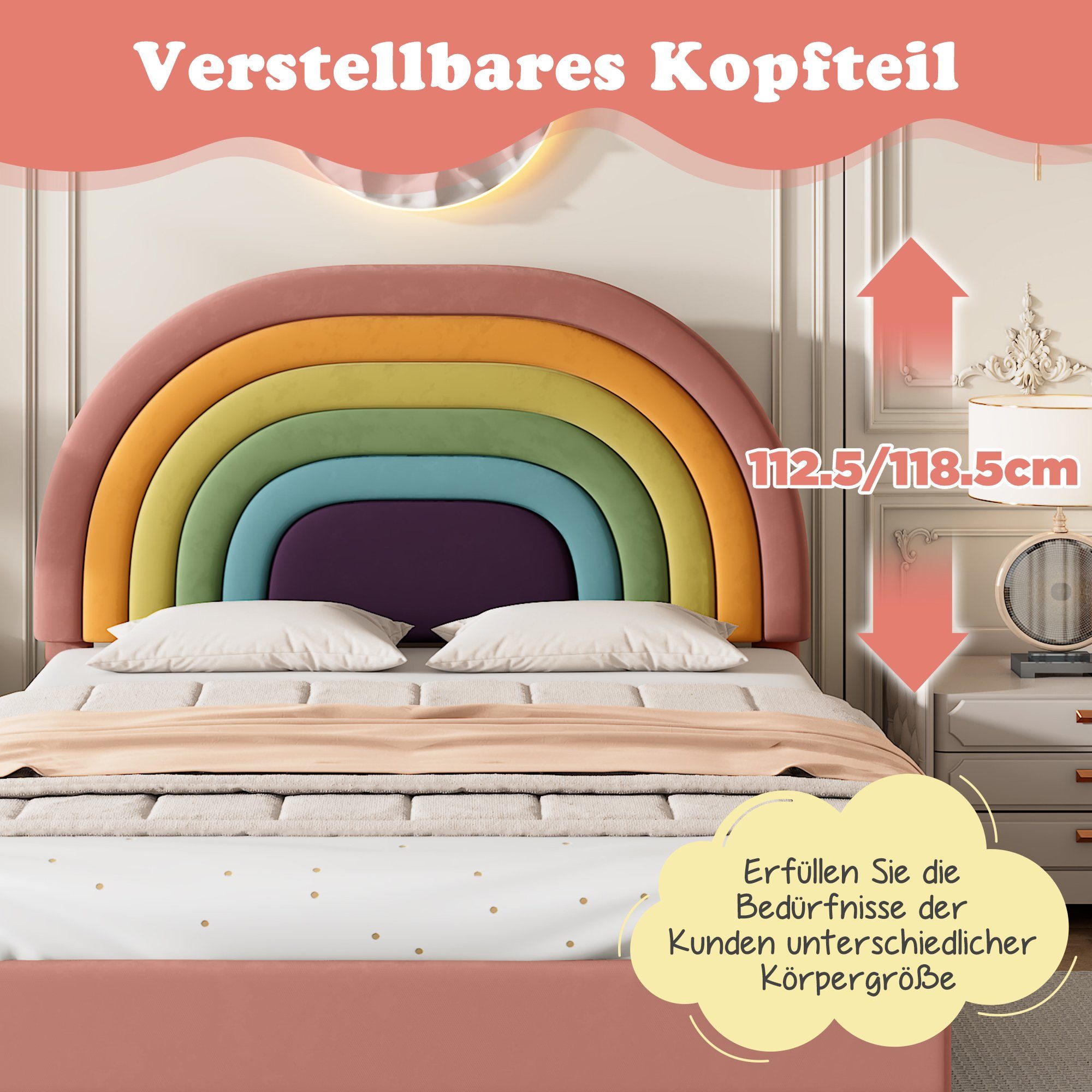 Polsterbett (Jugendbett mit Lattenrost), Kinderbett mit verstellbarem Regenbogen-Kopfteil, 140x200 cm, Samt