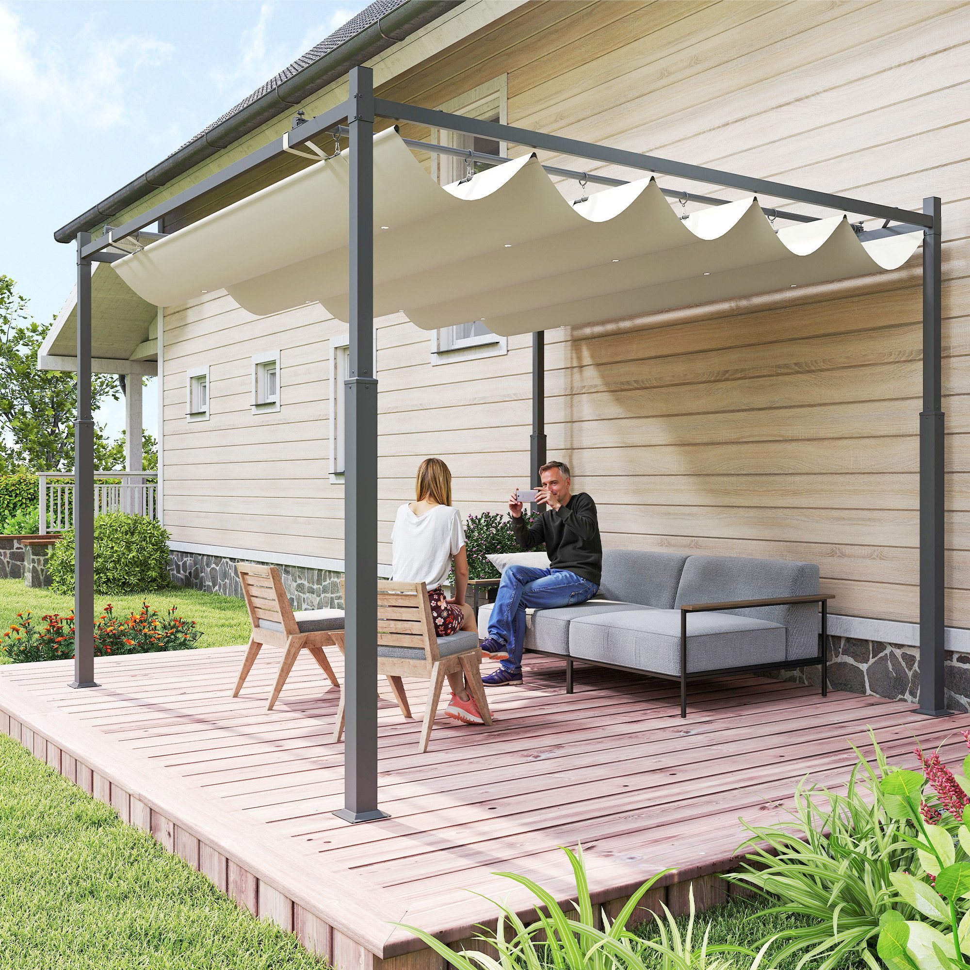 Outsunny Pergola ca. 3x3m aus Metall, mit verstellbares Dach, Freistehend, BxTxH: 298x298x230 cm, (Garten Pavillon, 1-tlg., Terrassendachung), UV Schutz 30+, für Terrasse und Garten, Cremeweiß