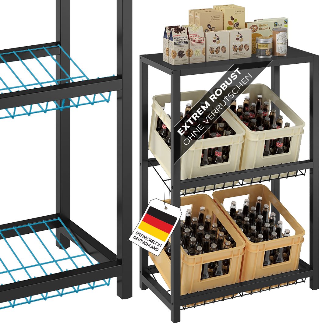 STEELSØN Flaschenregal Montune mit Ablagefläche, Kistenregal für Getränke, Gemüse & Obst, Getränkekistenregal in Schwarz, für 4 Kisten, auch verfügbar für 2 oder 6 Kisten