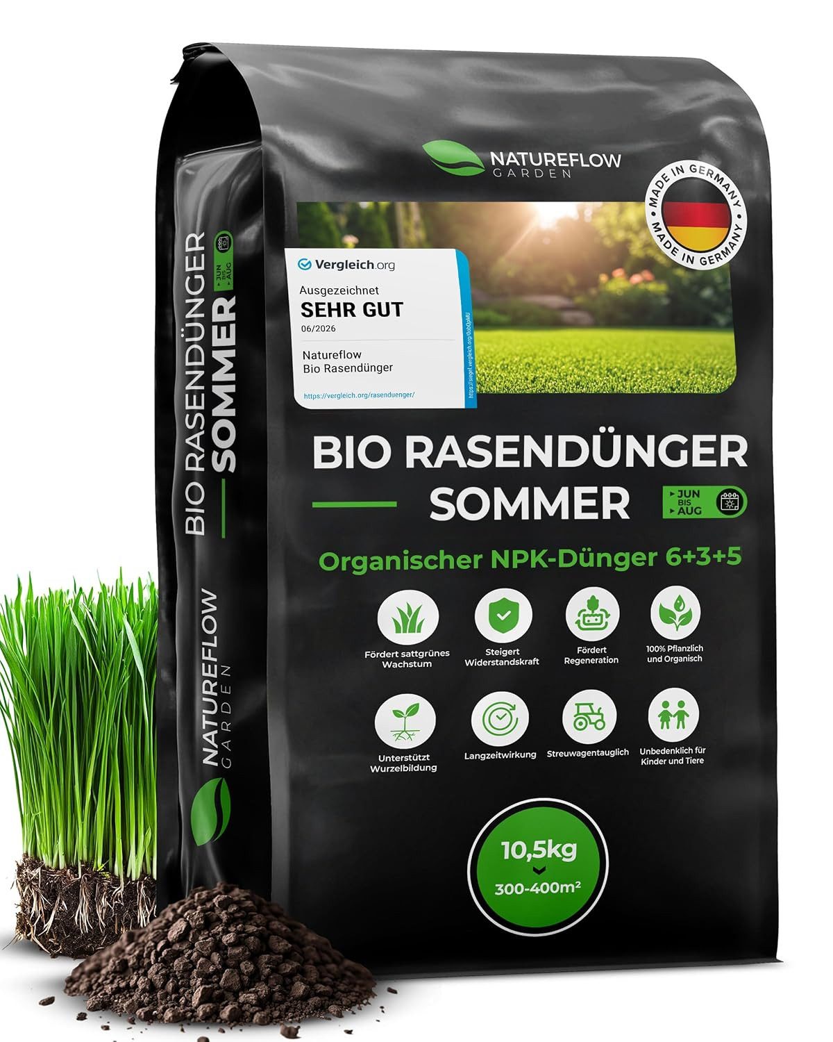 Natureflow Rasendünger Bio, 100% organisch, ohne synthetische Chemikalien, 10,5 kg/400 m², Sommer, Einzelartikel