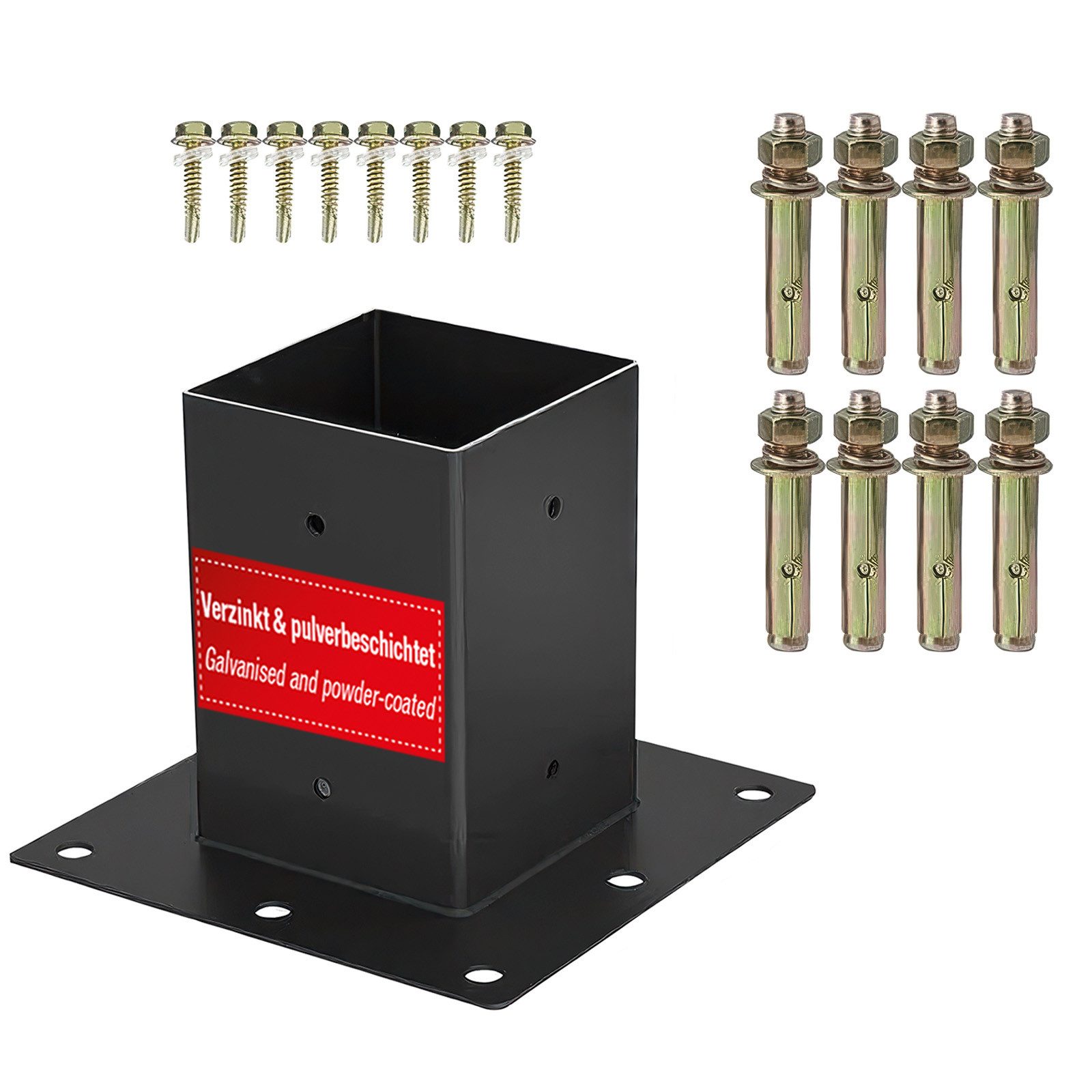 SO-TECH® Pfostenbeschlag Holzverbinder Bodenanker vierkant - starker Korrosionsschutz (1 St), Stahl schwarz, Bodenanker 100 x 100 mm