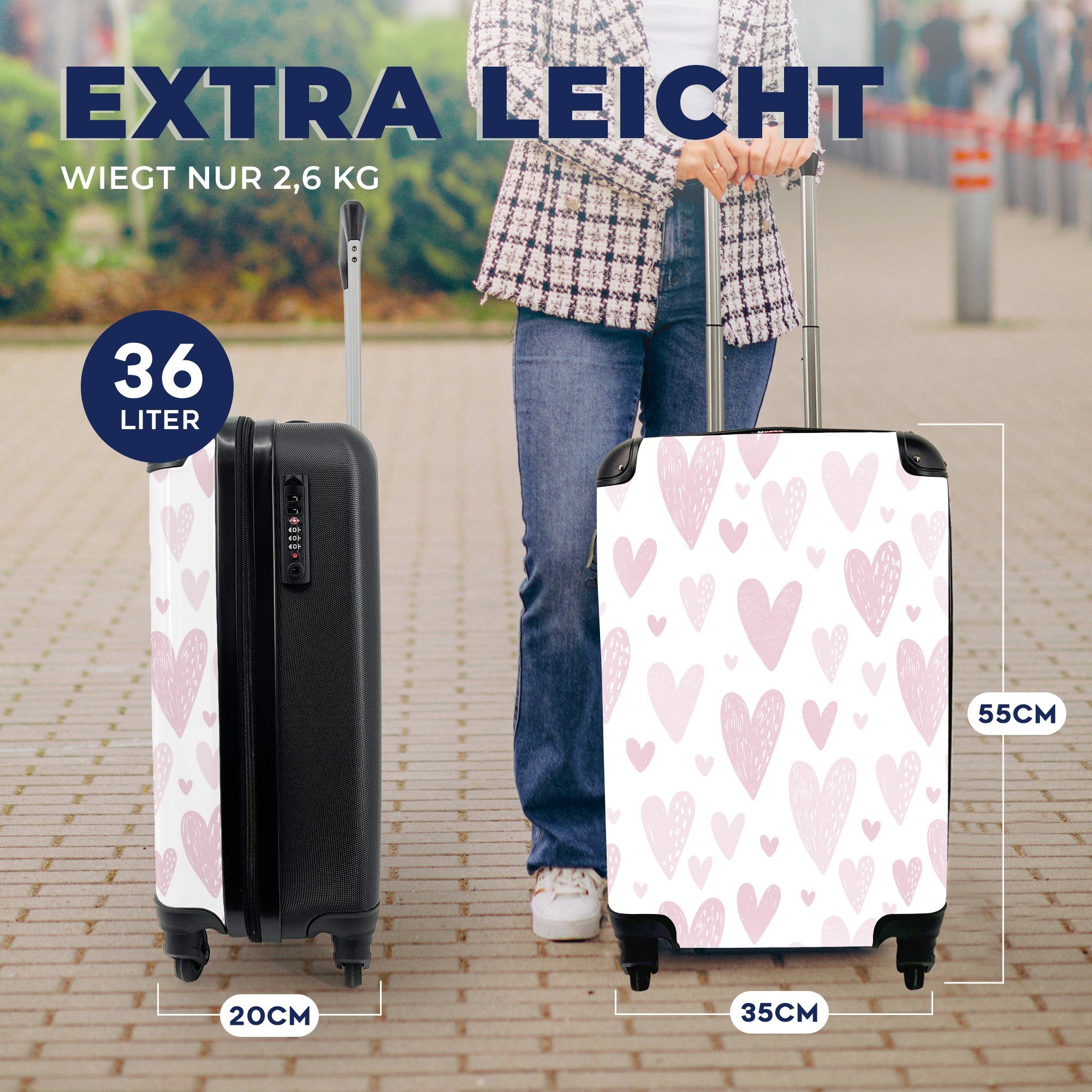 Handgepäckkoffer Handgepäck für Rosa 4 Reisetasche - mit Trolley, MuchoWow - - Ferien, Herz Design - Mädchen rollen, Baby Reisekoffer - Rollen, Mädchen,