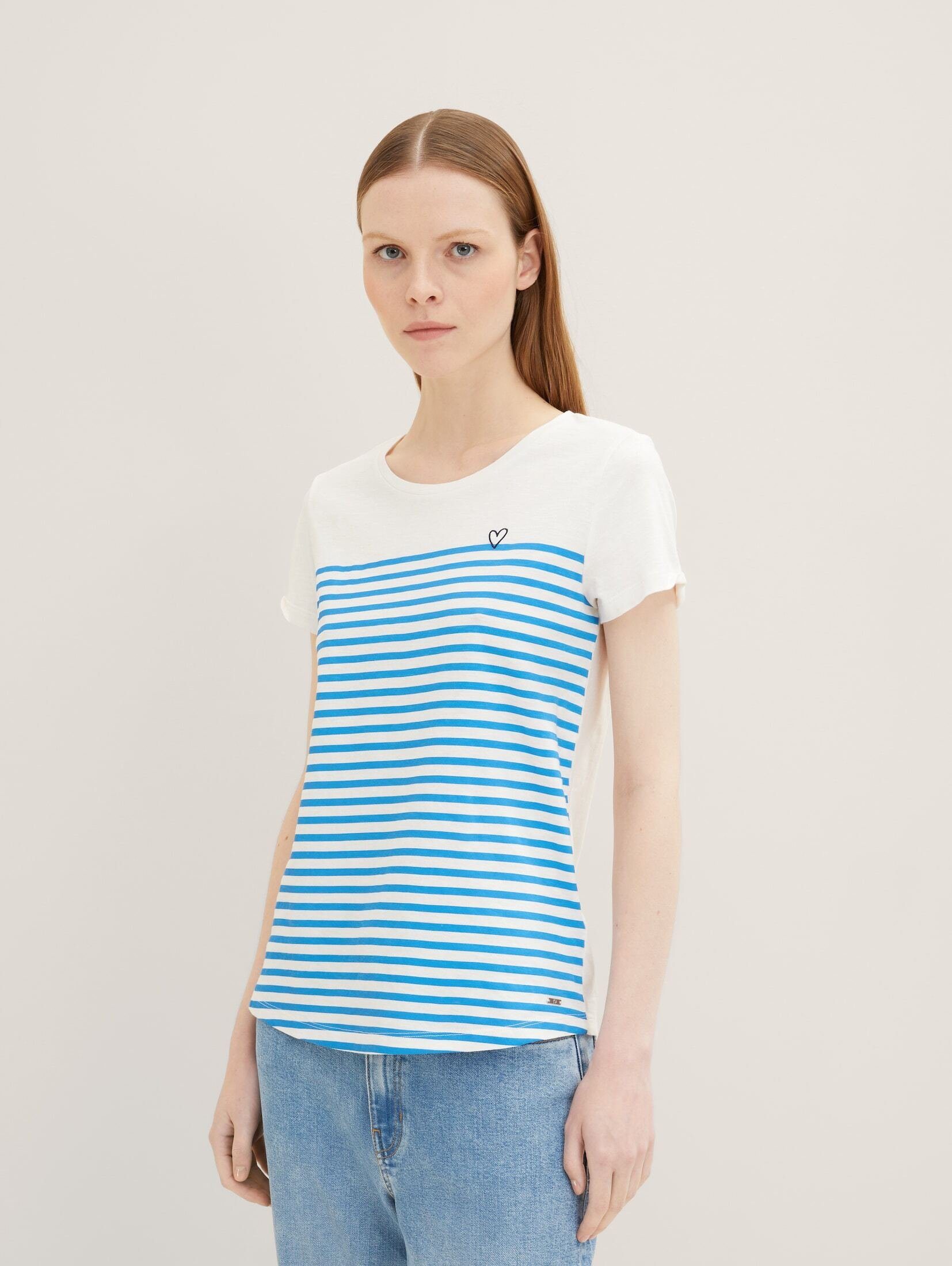 TOM blue mid mit Stickerei stripe T-Shirt TAILOR Gestreiftes Langarmshirt white Denim kleiner