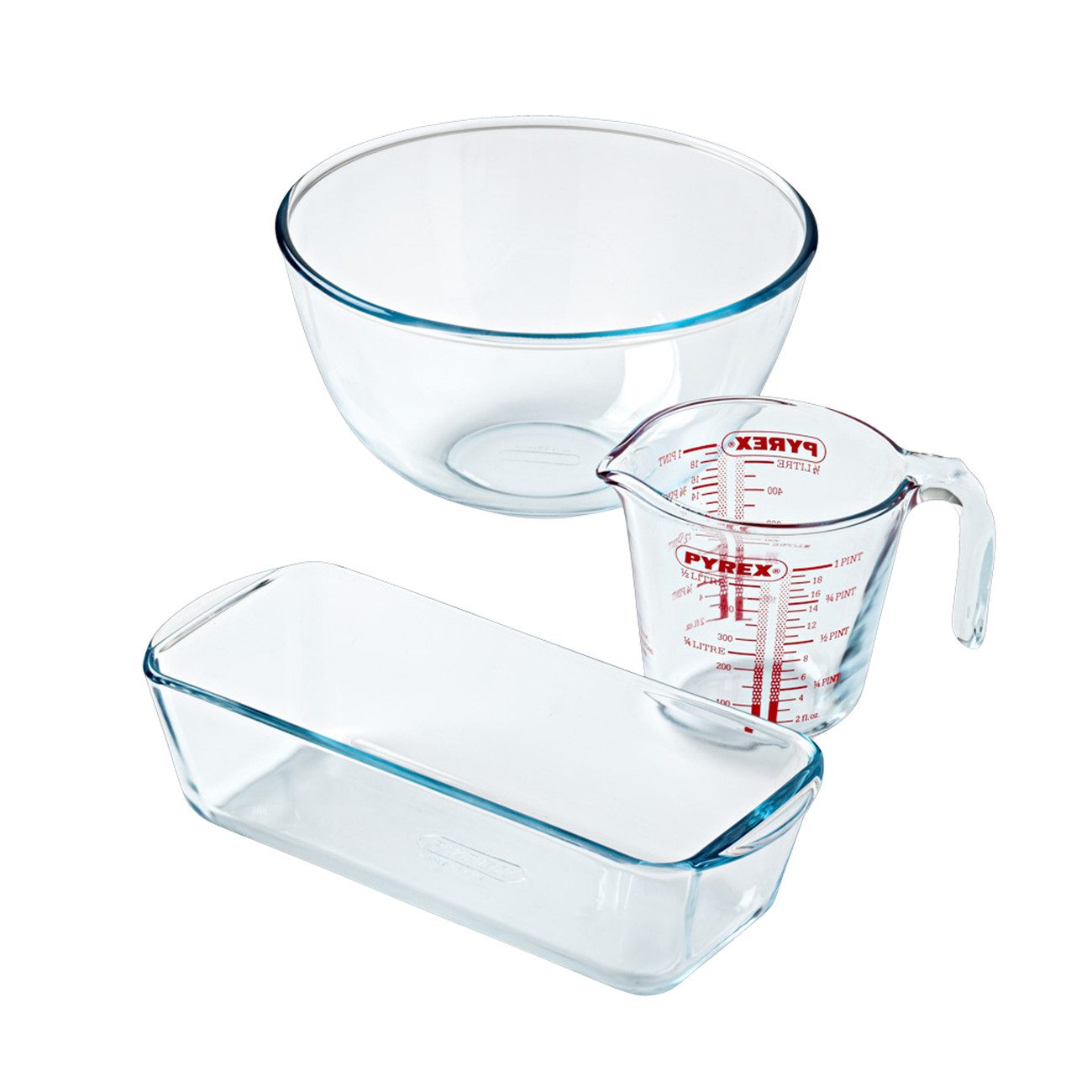 PYREX Schüssel Pyrex - 3-teiliges Set aus Messbecher, Schüssel, Kuchenform, (3-teiliges Koch- und Back-Set), Hitzebeständiges Glas, Made in France, Messskala, spülmaschinenfest