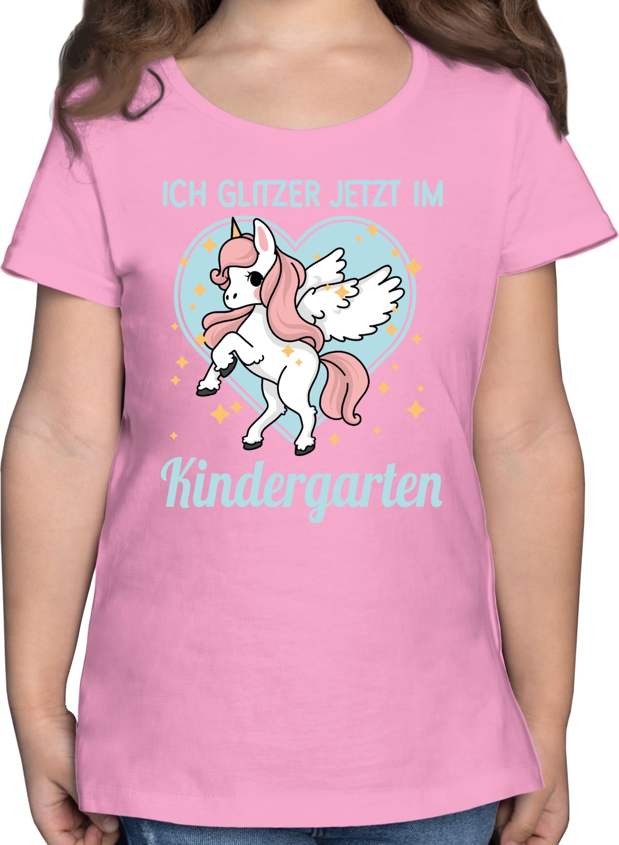 Shirtracer T-Shirt Glitzer jetzt im Kindergarten - Einhorn Hallo Kindergarten 2 Rosa