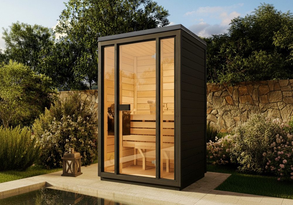 FinnTherm Saunahaus Kuuma S, BxTxH: 138 x 111 x 213 cm, 42 mm, in Schwarz Inkl. Fußboden