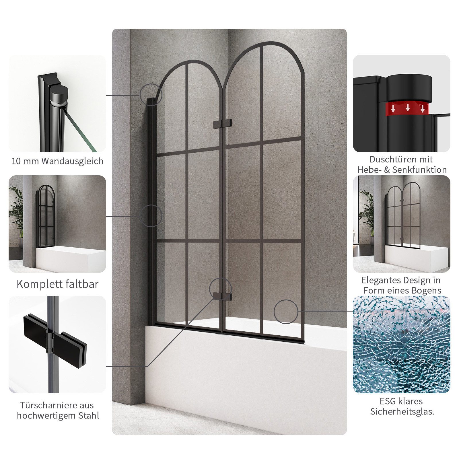 Boromal Badewannenfaltwand Schwarz Badewannenaufsatz mit schwarzem Gitter, Sicherheitsglas Echtglas, (Duschtrennwand Glas, (120-121) x 140cm), Links- oder Rechtsmontage