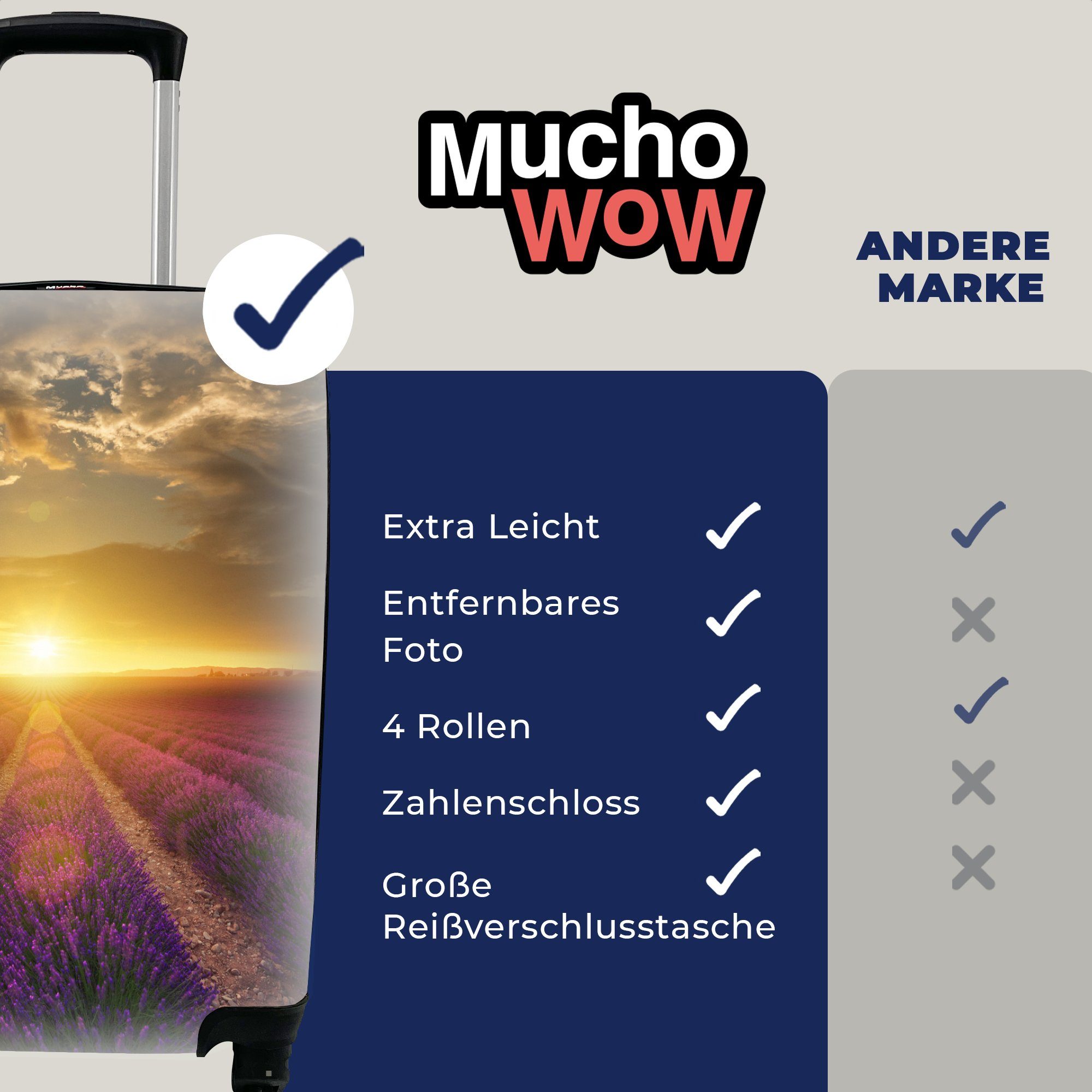 4 für rollen, - Trolley, mit Reisetasche Handgepäck MuchoWow Rollen, Handgepäckkoffer Ferien, Frankreich, Sonnenuntergang - Lavendel Reisekoffer