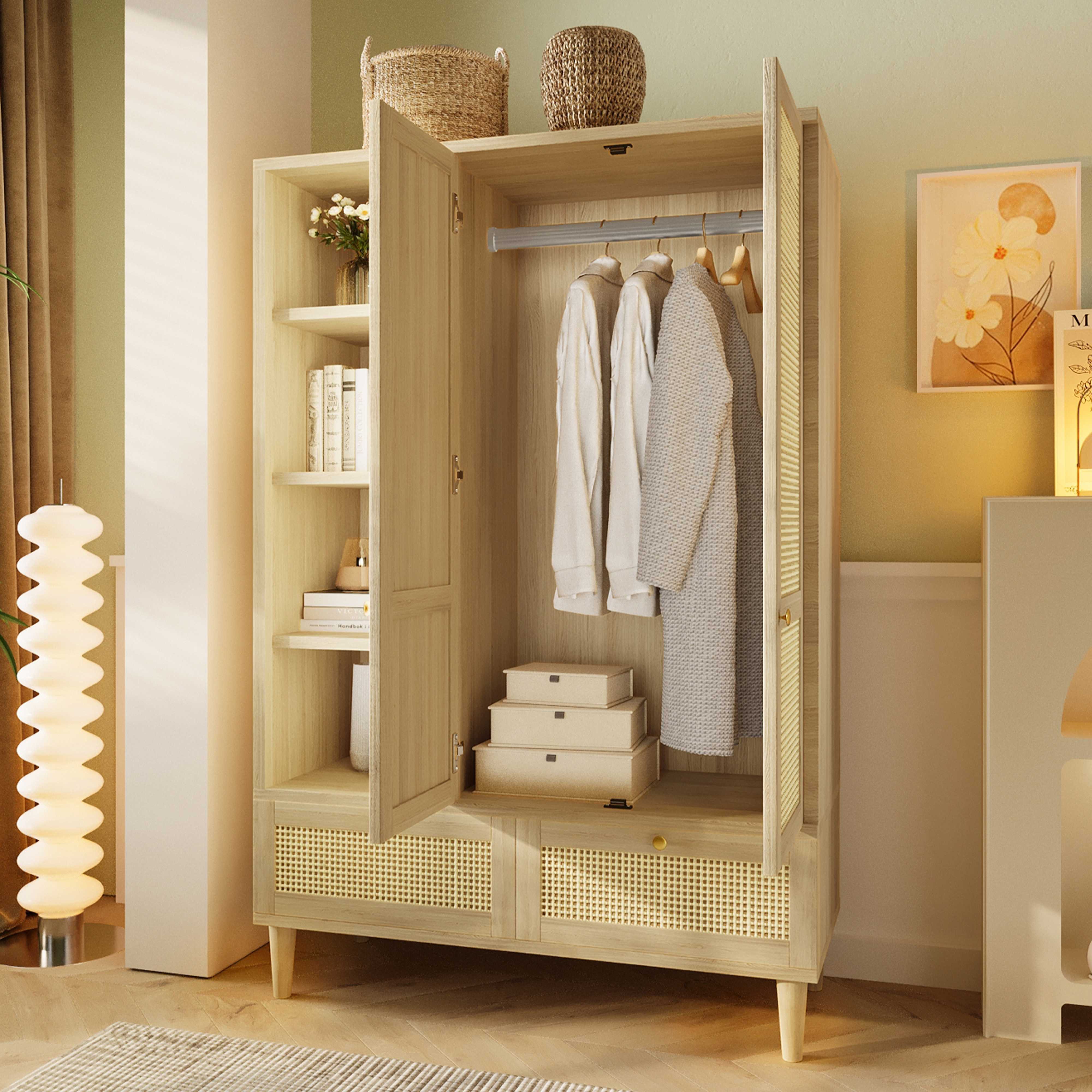 BlingBin Kleiderschrank Schlafzimmerschrank, Garderobenschrank (Kleiderschrank in heller Eiche mit Rattan & Bogenform, 1-St., mit Kleiderstange, 2 Schubladen, MDF & Massivholz, 180 cm hoch) Stauraum für Kleidung, Accessoires & Schuhe