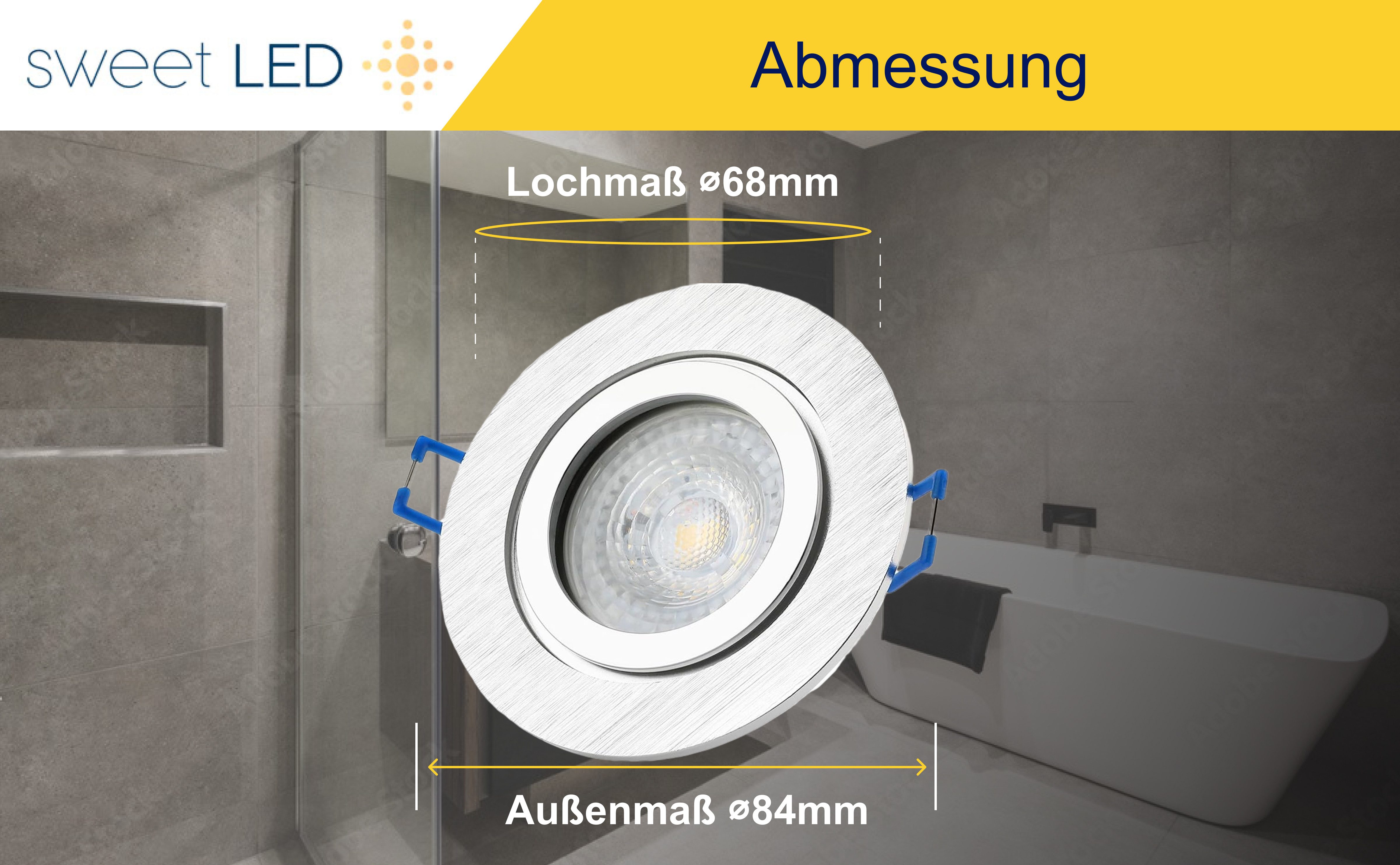 Sweet LED LED Einbaustrahler 6er Set IP44 Bad Aluminium GU10 7W LED Spots 230V Alu-gebürstet, Leuchtmittel wechselbar, 3000K - warmweiß, Deckenspots, Deckenstra – Bild 4 von 5