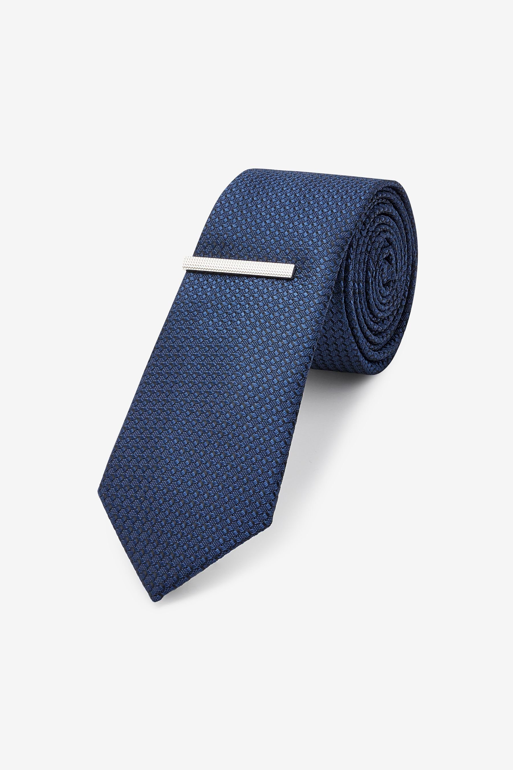 Next Krawatte Schmale Krawatte aus Navy Blue (2-St) + Klammer Recyclingpolyester