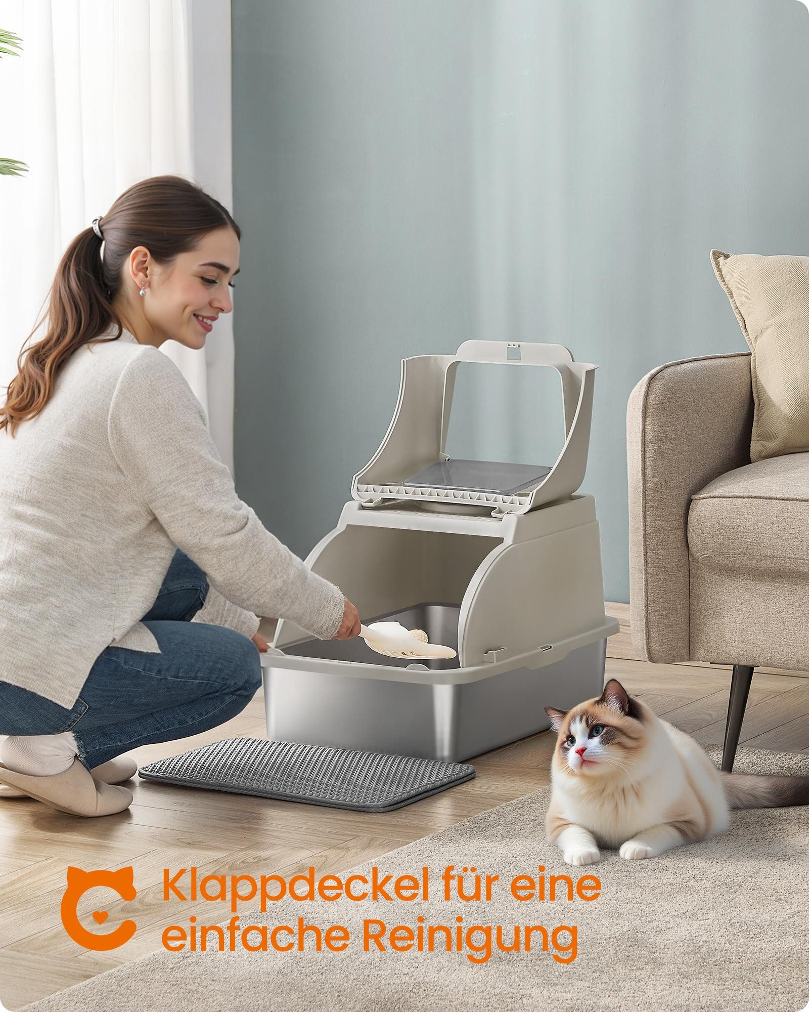 FEANDREA Katzentoilette Edelstahl, XL, mit Deckel, 2 Eingängen, für Katzen bis 15 kg