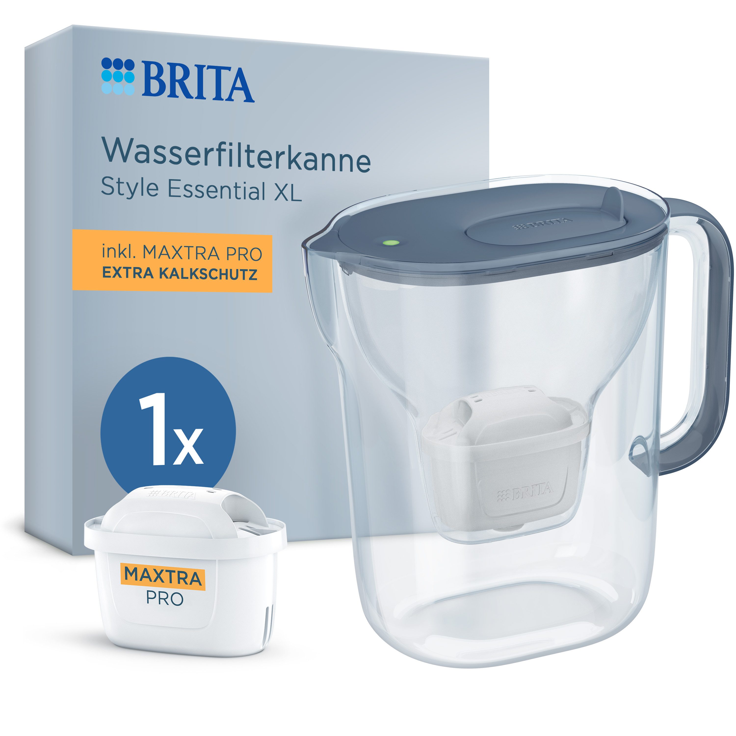 BRITA Wasserfilter Kanne MAXTRA Style Essential XL blau 3,6l, 1x Extra Kalkschutz Filter, Große Filterkanne, Filterwechselanzeige, Kalkfiltration & Geräteschutz