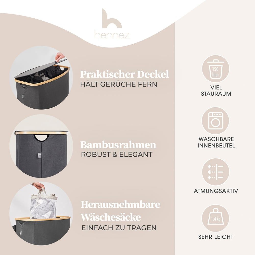 HENNEZ Wäschekorb Wäschebox 150L - Wäschekorb 3 Fächer mit Deckel, Wäschesortierer mit Wäschesack, schwarz Bambus