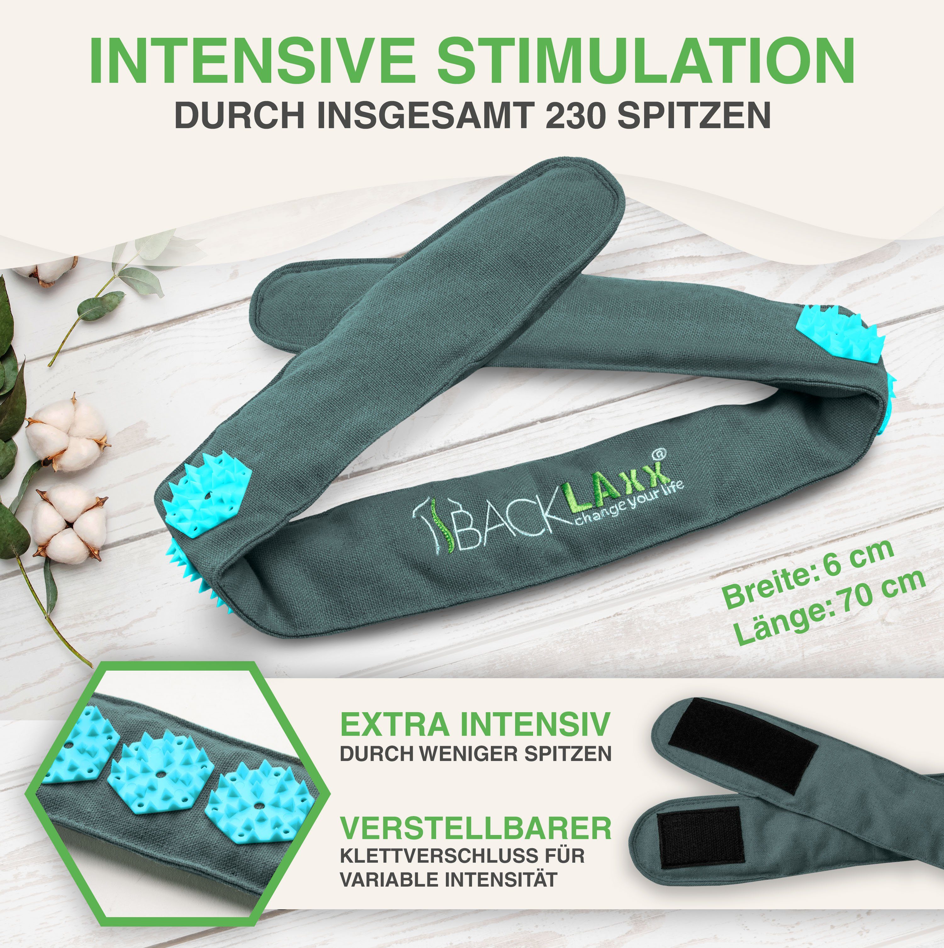 BACKLAxx® Massagegerät Akupressur Stirnband, Kopfband, Kopfmassagegerät mit Tasche zur Kopfmassage, Intensitätsregulierung durch Klettverschluss