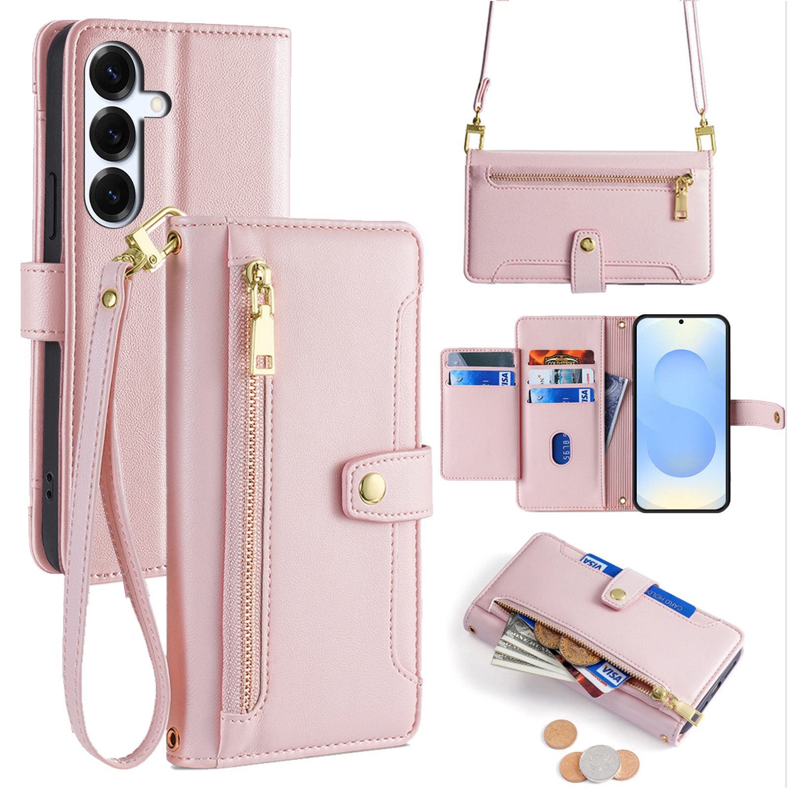 betterfon Handykette für Samsung Galaxy S25 mit Band Kartenfächer PU Leder Rosa, Hände frei – mit Silikonhülle & Schnur für flexiblen Alltag