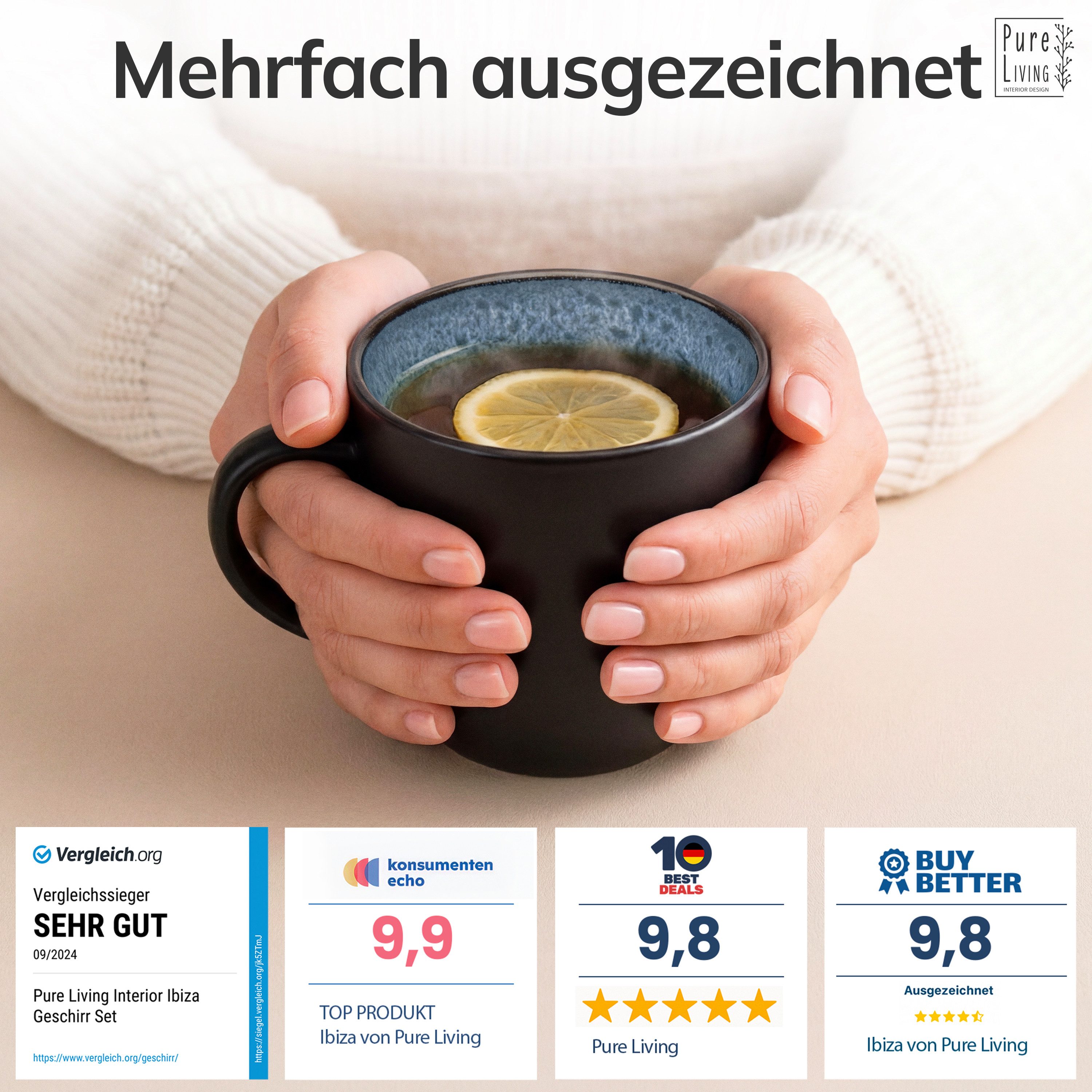 PURE LIVING INTERIOR DESIGN Geschirr-Set Ibiza Becher, 6er-Set, 435 ml, Graublau Steingut (6-tlg), 6 Personen, Steingut – Bild 3 von 5