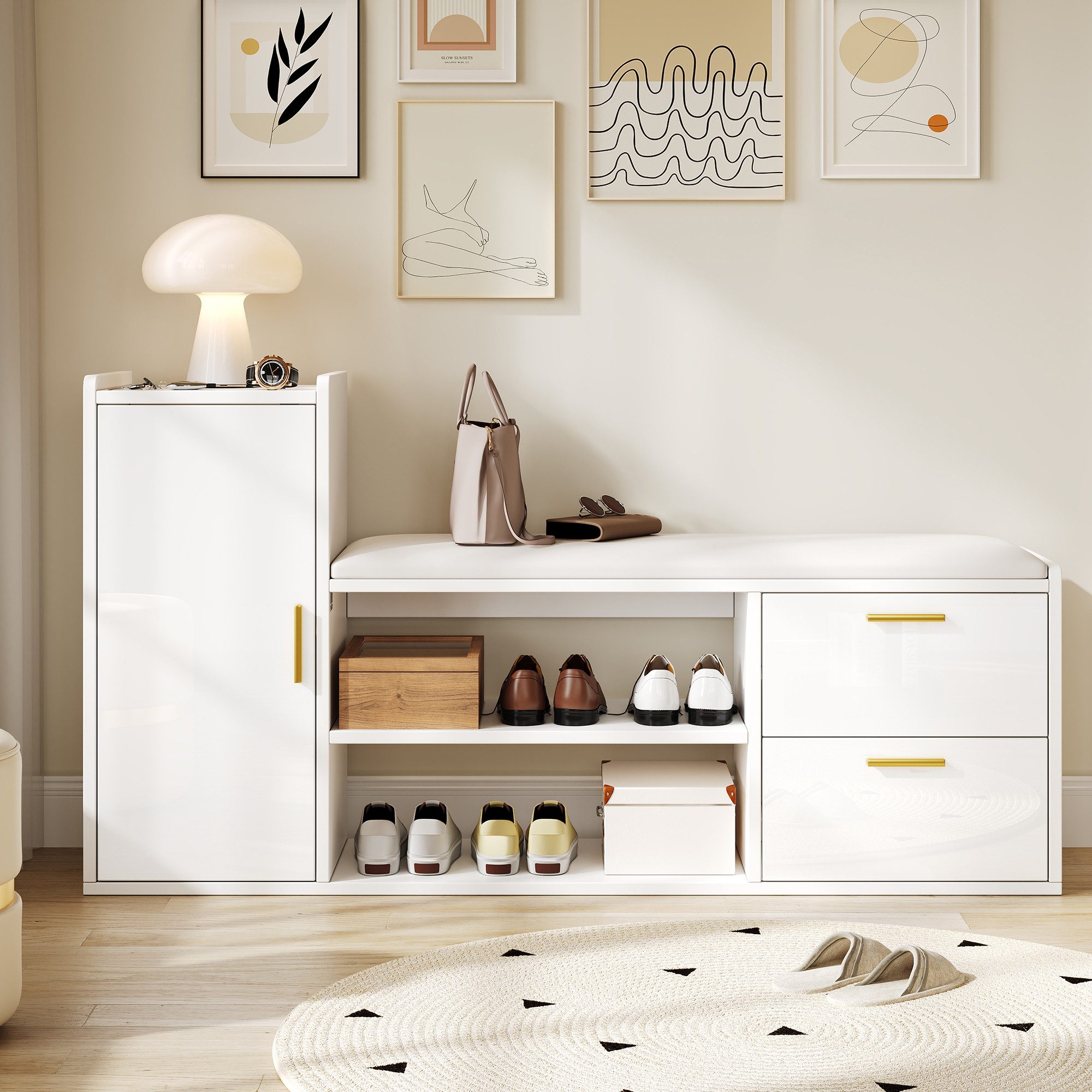 Merax Schuhbank Hochglanz in Weiß, mit gepolsterter Sitzfläche & verstellbaren Böden (Schuhregal für Flur oder Wohnzimmer, 1-St., 128×30×68 cm), Schuhschrank mit 2 Schubladen, 1 Schrank & 2-stöckigem Schuhregal