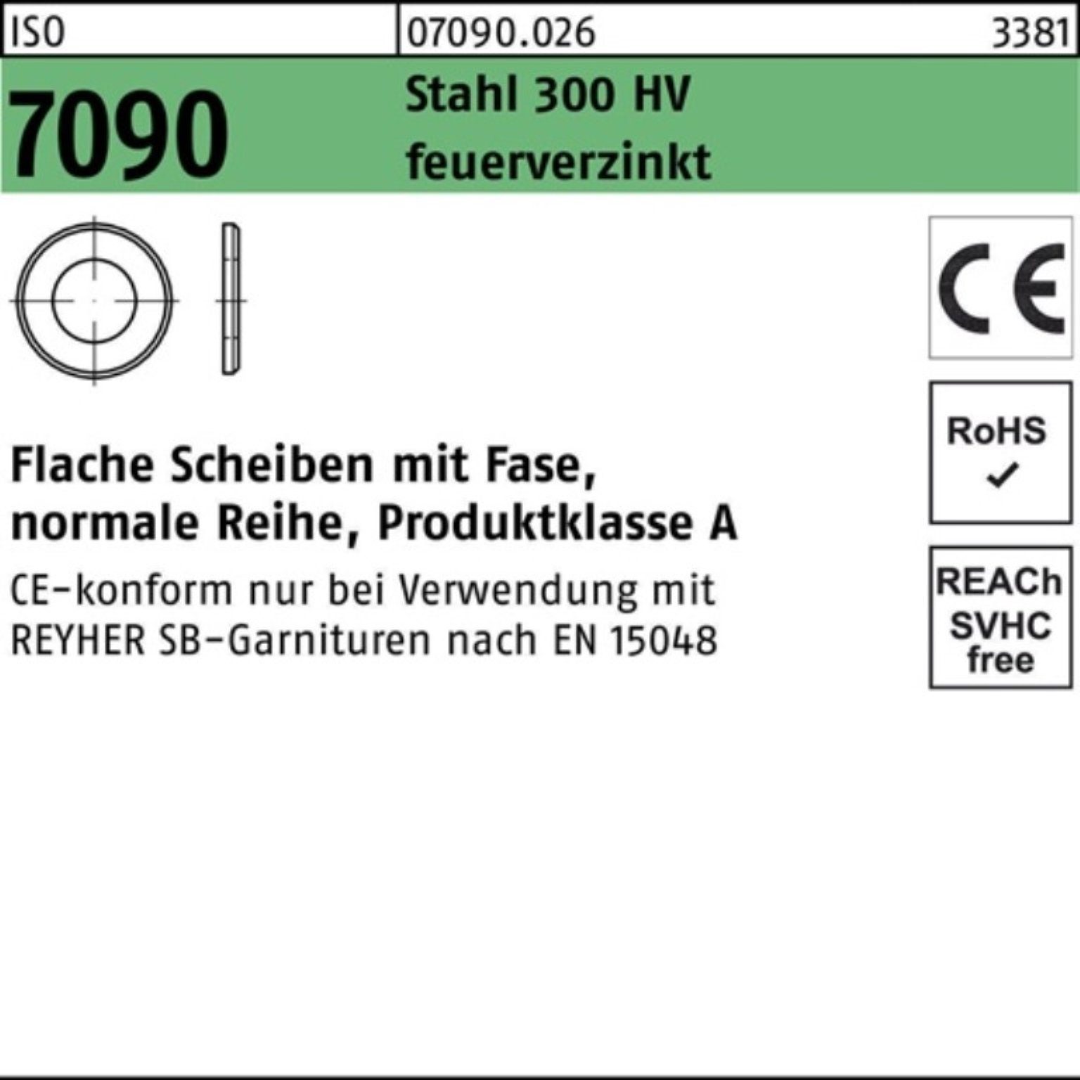 Reyher Unterlegscheibe 100er Pack Unterlegscheibe ISO 7090 Fase 36 Stahl 300 HV feuerverz. 50