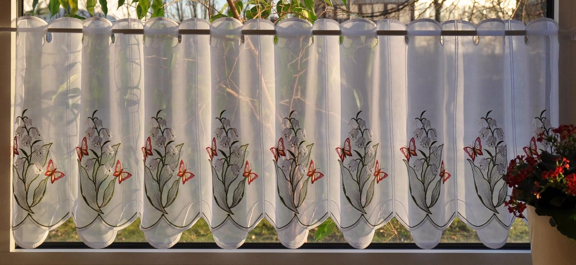 Stickereien Plauen Scheibengardine Maiglöckchen (1 St), Durchzuglöcher, transparent, Voile, veredelt mit echter Plauener Spitze Stickerei