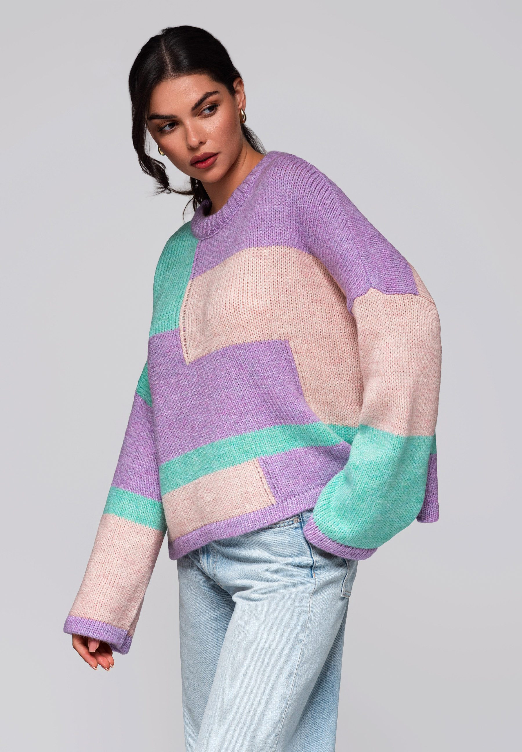 OMBRE Rundhalspullover Farbblock-Pullover mit Pastelltönen