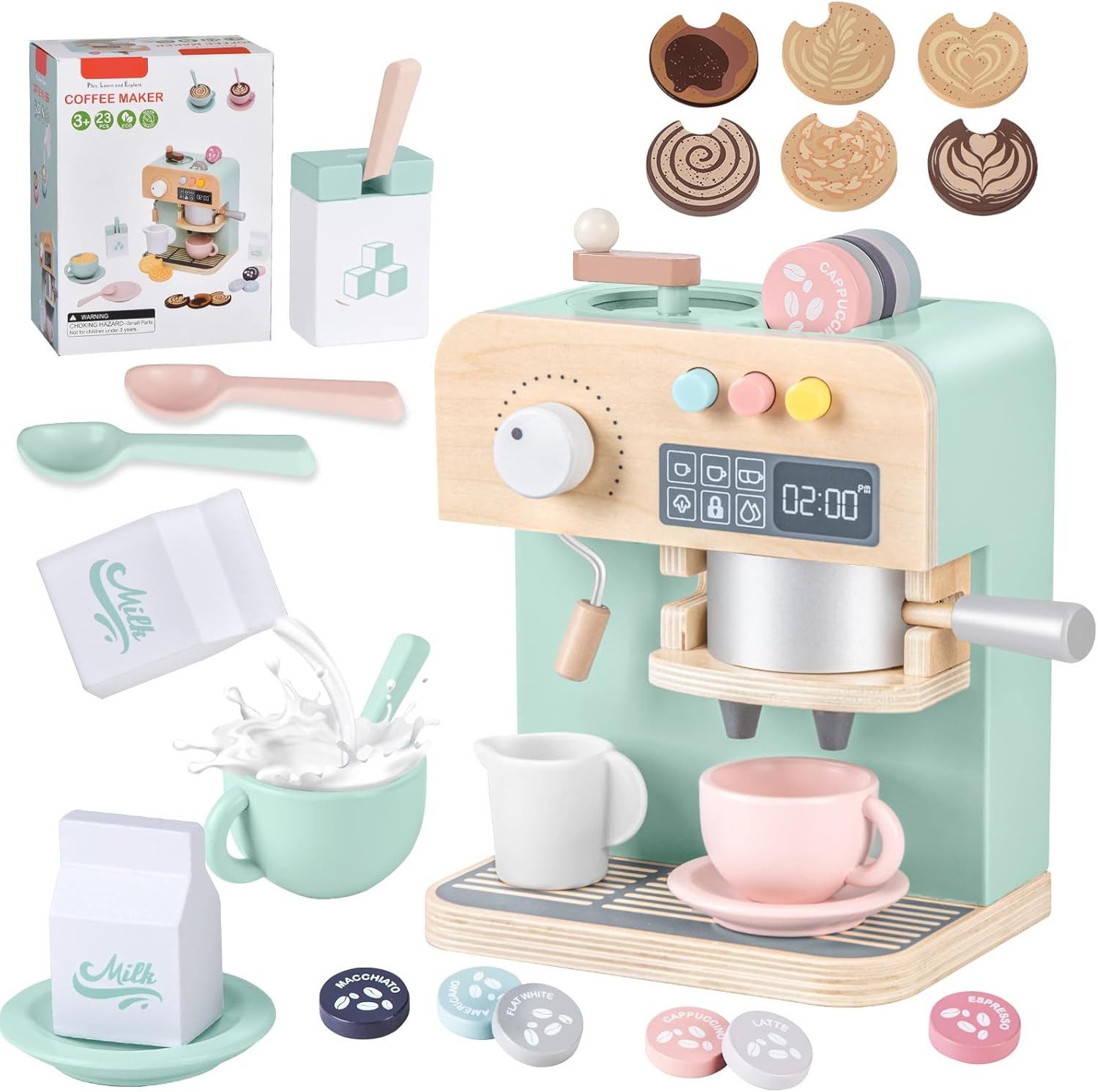 CLTYQ Kinder-Kaffeemaschine Kaffeemaschine Kinder Holz, 22 Stück Kinderküche Kaffeemaschine, (22-tlg), Rollenspiele Geschenk Jungen Mädchen Geschenk