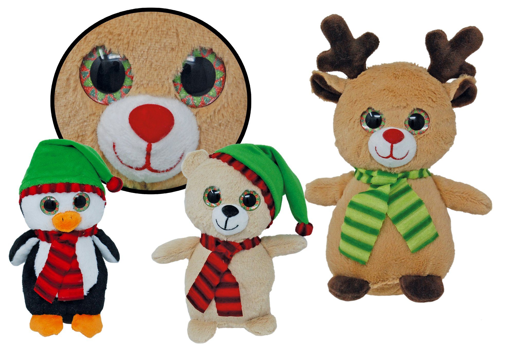 Landahl & Baumann Kuscheltier Weihnachts Plüsch Elch, Bär, Pinguin 23 cm mit Schal, Weihnachten Deko (3er Set), Deko Plüschtiere Rentier Hirsch Weihnachtsplüsch