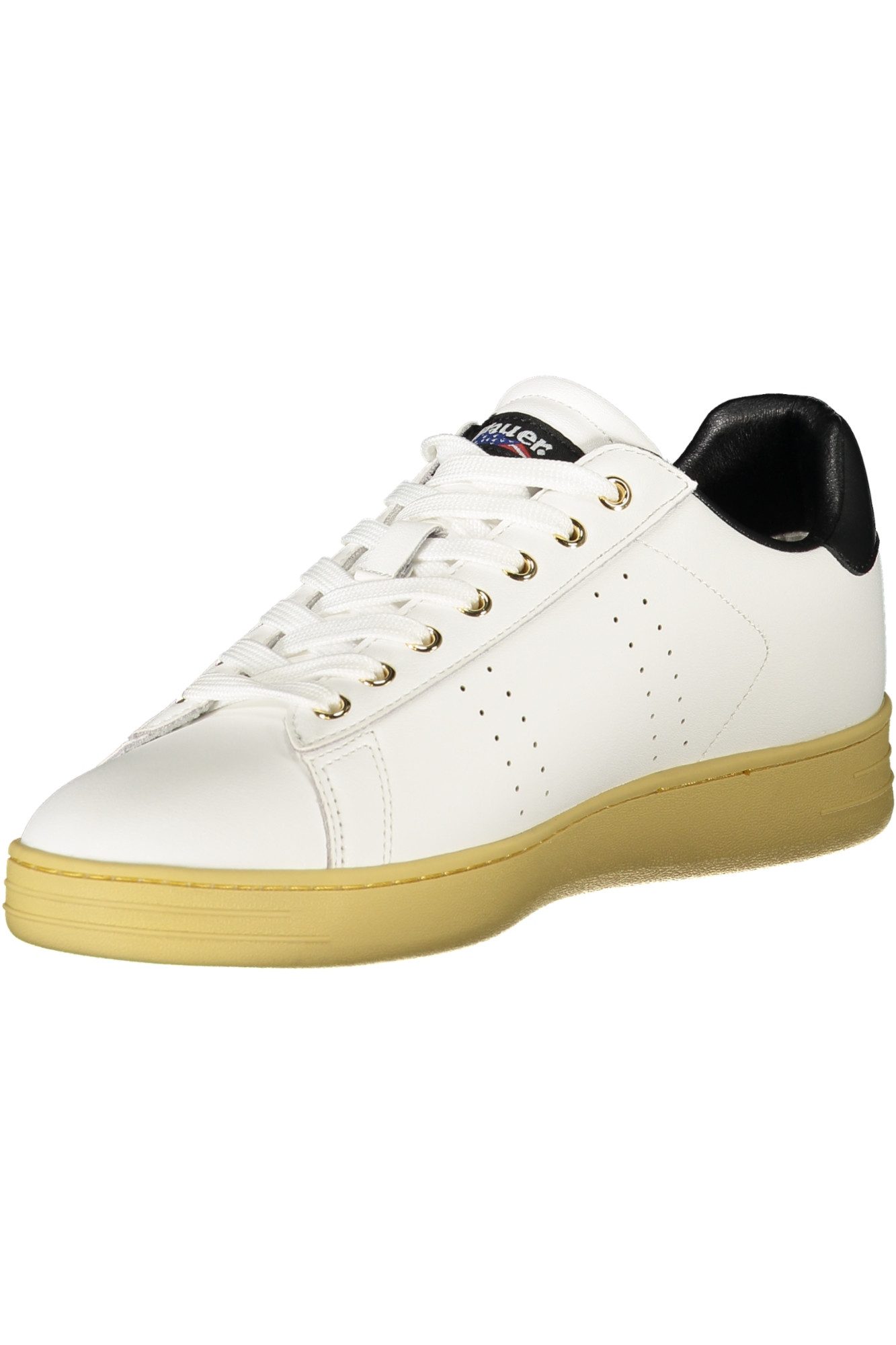 Blauer Sneaker Weiße Herrensportschuhe mit schwarzen Details und