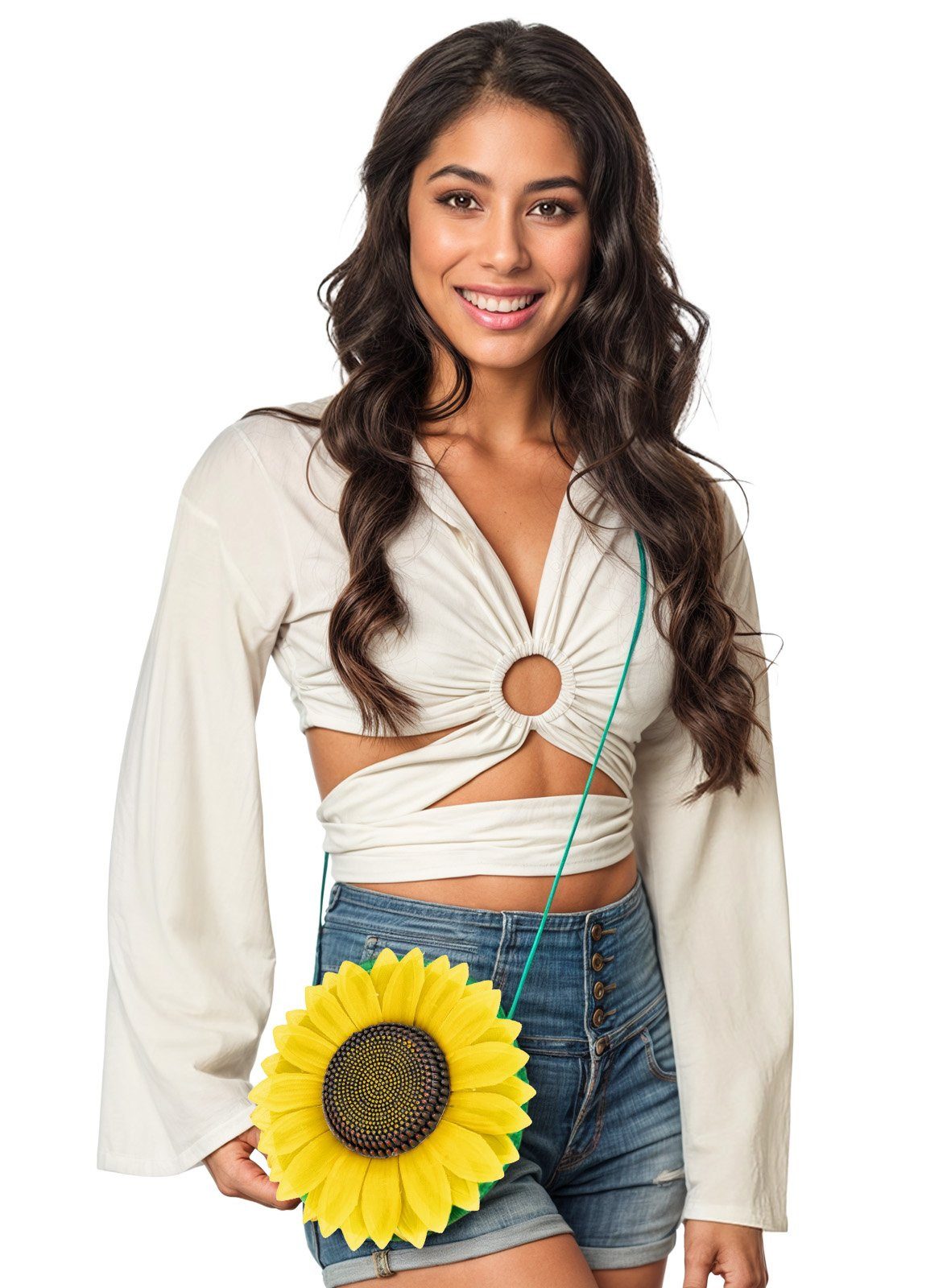 Boland Handtasche Hippie Sonnenblumen Tasche Fasching Karnevalskostü, Grüne Umhängetasche mit großer, greller Sonnenblume – Bild 5 von 5