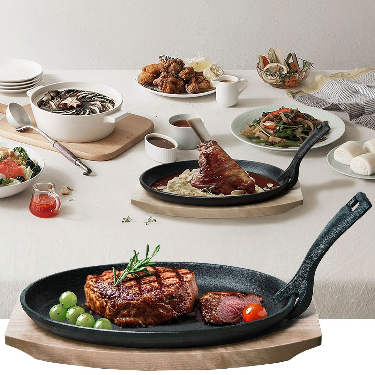 Casativo Servierpfanne Profi Gusseisen Servierpfanne bis 230°C mit Holzuntersetzer 820g, Gusseisen (1-tlg., 1er-Set/2er-Set/4er-Set), abnehmbarer Griff, backofenfest, 24 x 14 x 2,2 cm, haltbar