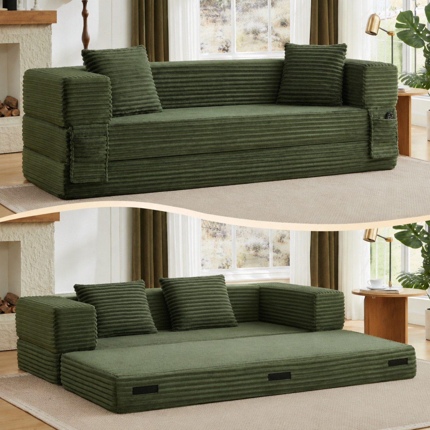 ANYSUN Schlafsofa Cord-Schlafsofa,klappbares Bodensofa,Multifunktionales 3-Sitzer Sofa, Loungesofa mit Schlaffunktion,Sofa Mit Bettfunktion, Schlafcouch fur Wohnzimmer, Büro & Wohnung,Apartment,ohne Montage