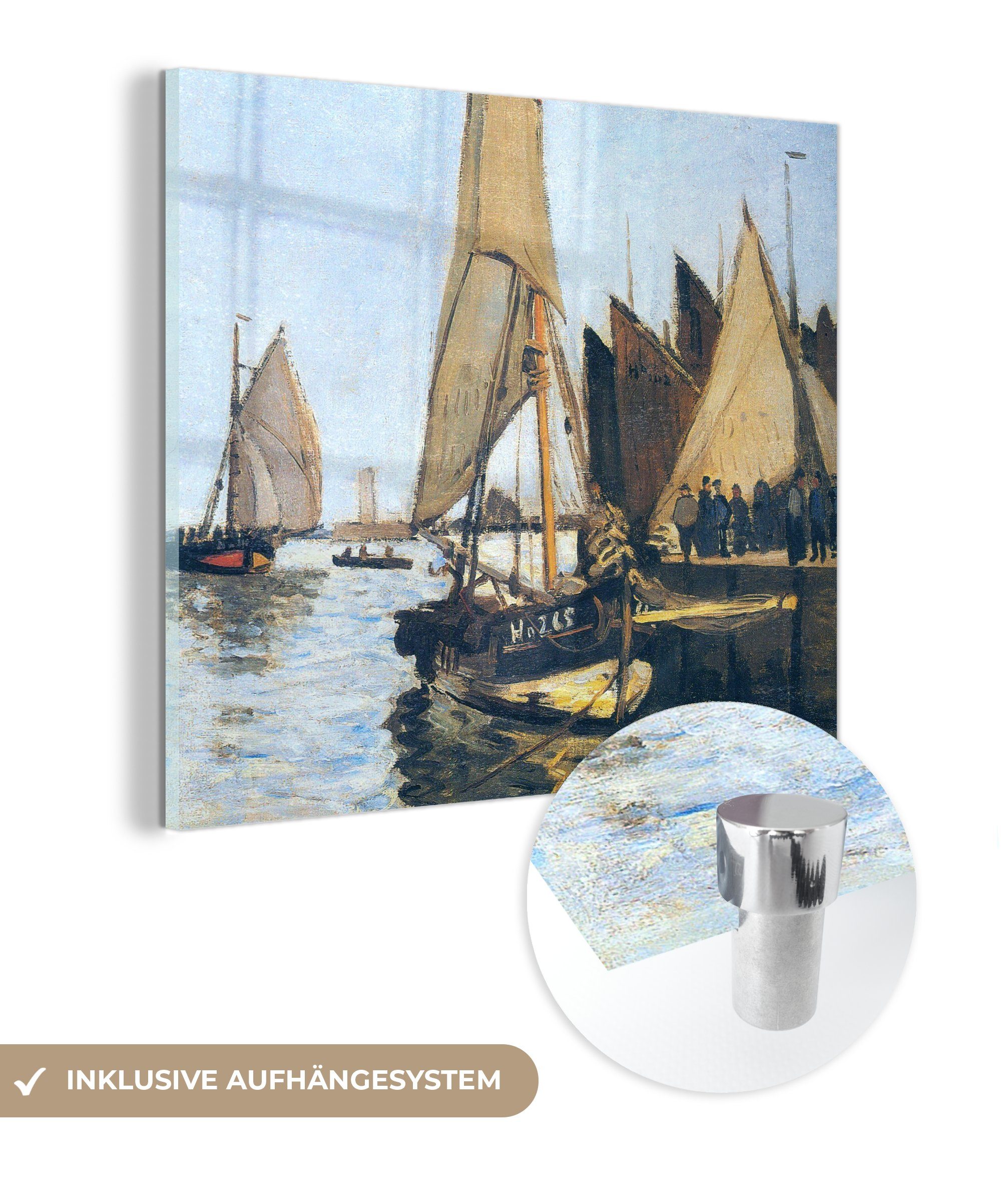 MuchoWow Acrylglasbild - Wandbild in auf Monet, auf Segelboote Wanddekoration - - (1 Glasbilder St), Glas Bilder Foto Honfleur Claude - Glas