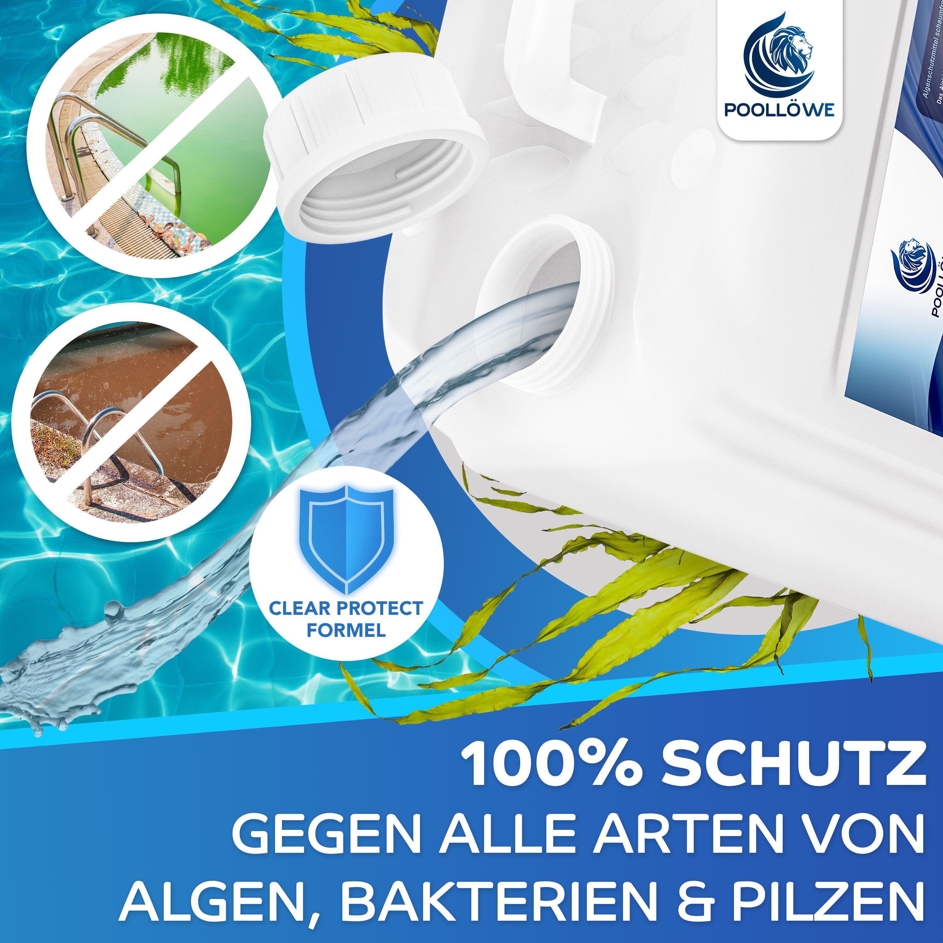 Poollöwe Poolpflege Algizid flüssig für Pool mit ClearProtect-Formel, 5–10L, ClearProtect-Formel, schaumfrei, chlorfrei, zertifiziert
