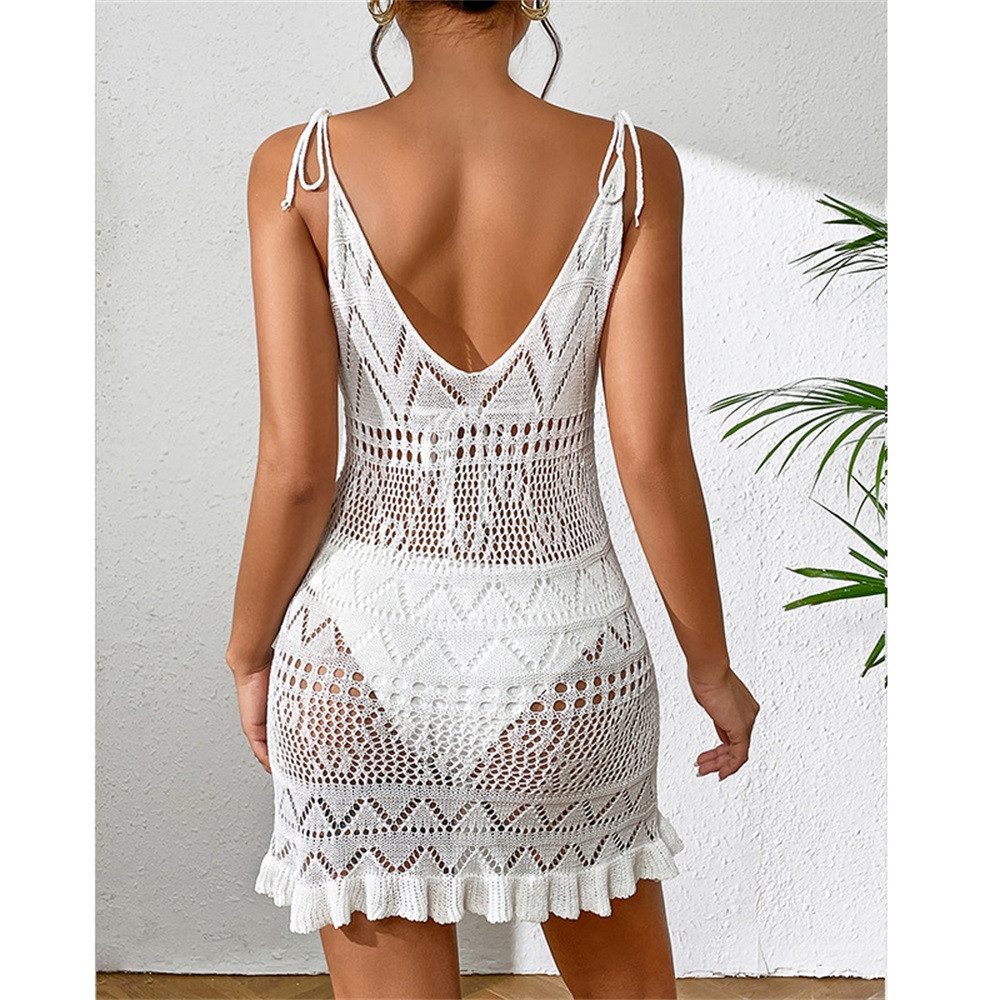 MOPUEA Blusenkleid Kurzes Damen Strandkleid aus Netzstoff Tief V Rückenfrei Transparent (1-tlg) Minikleid rückenfrei ärmellos mit Cut-out im Strandstil Einteiler