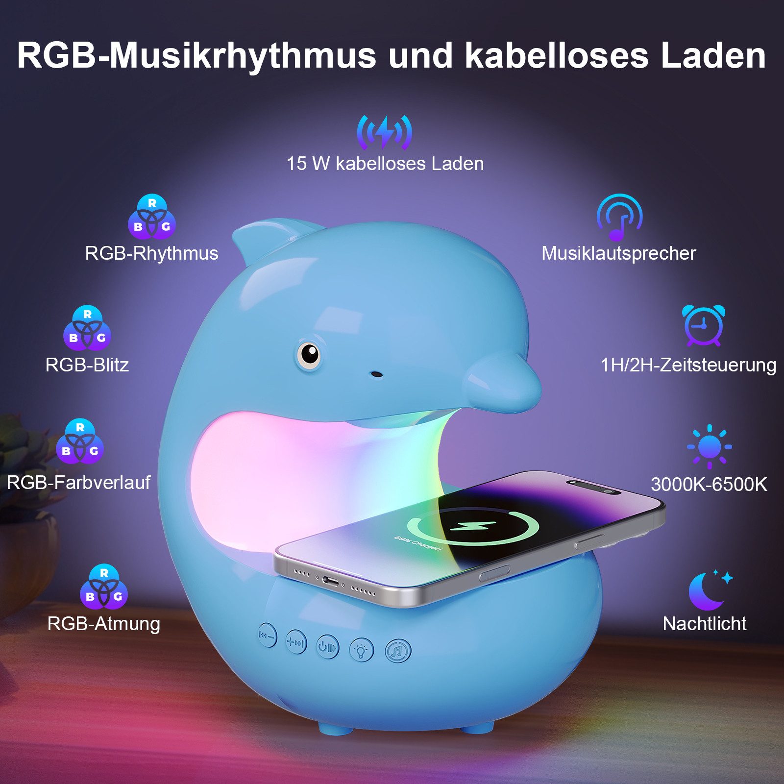 Rosnek LED Nachttischlampe Kinder nachtlicht Delphin, RGB mit Bluetooth Lautsprecher, 3 Farben, LED fest integriert, Kabelloses 15W Smartphone-Laden, Timer Home Schlafzimmer